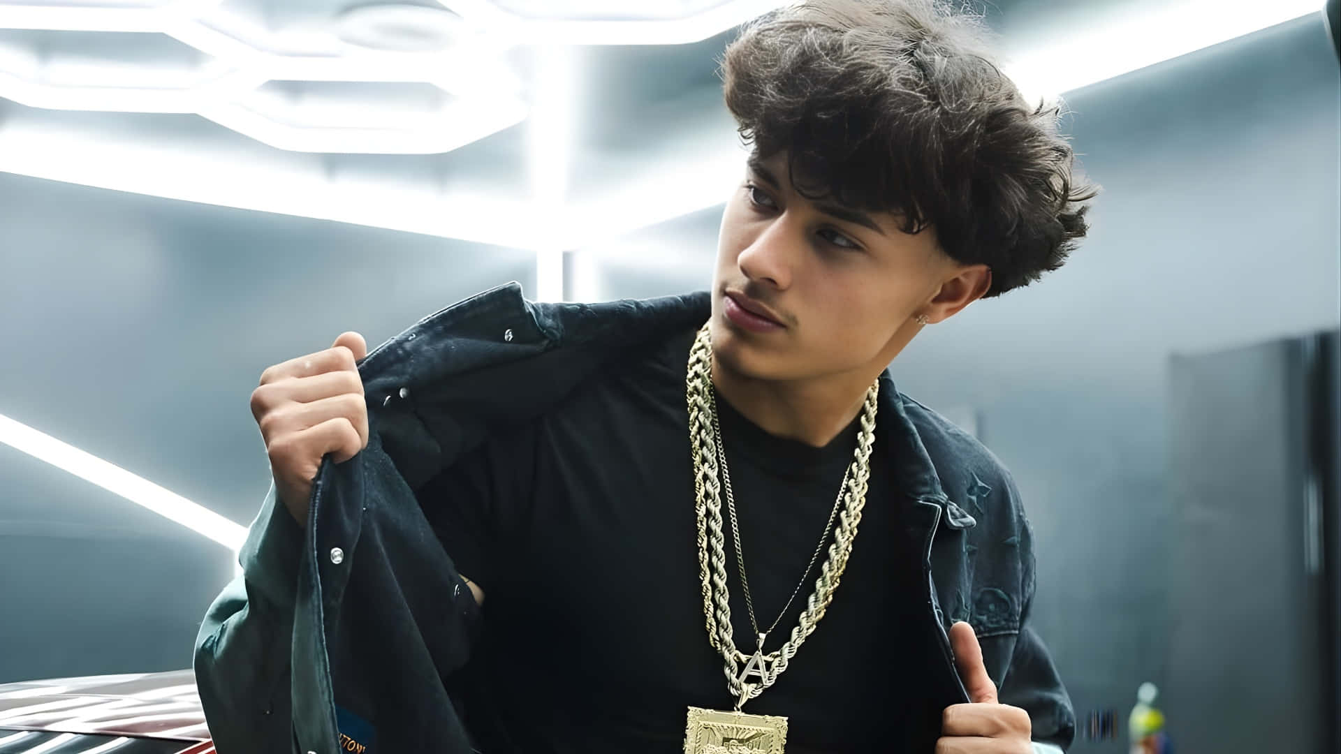 Alex Chino, curly hair, black jacket, Full HD Desktop Wallpaper
