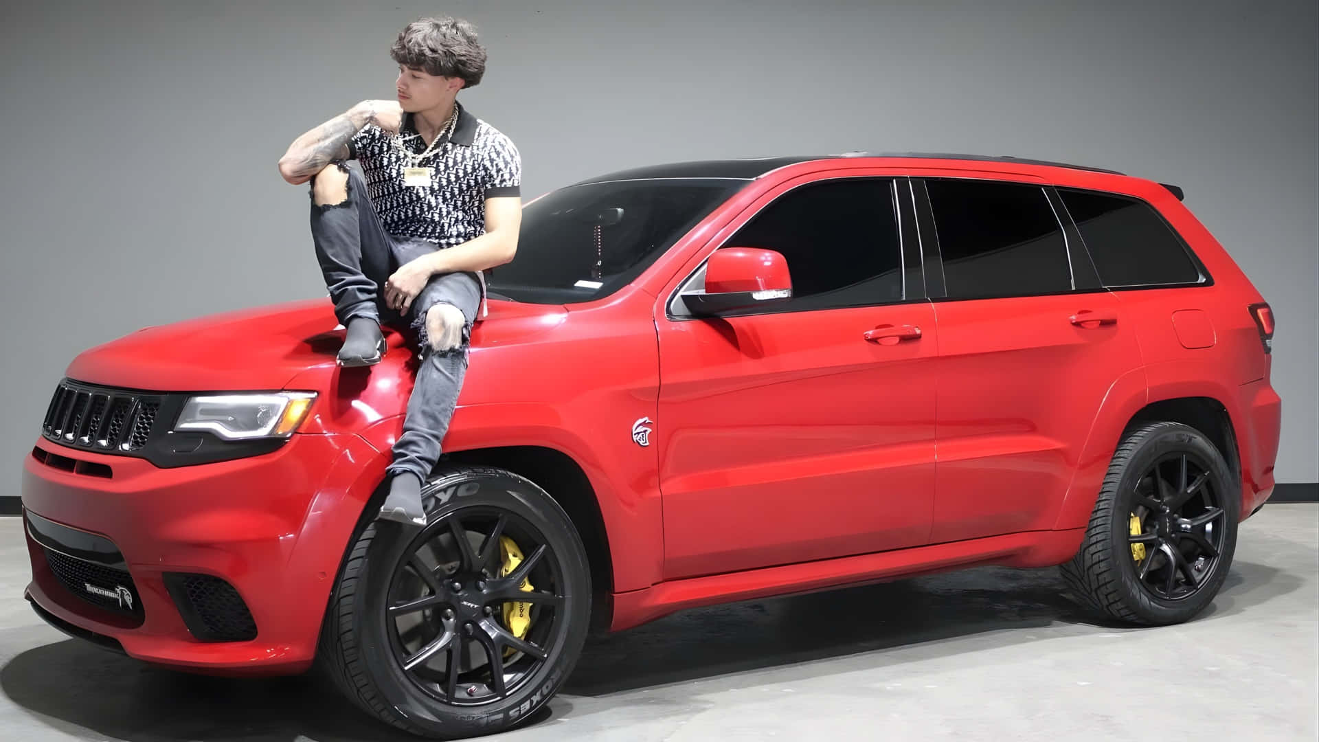 Alex Chino, red Jeep Grand Cherokee Trackhawk, black rims, Full HD Desktop Wallpaper