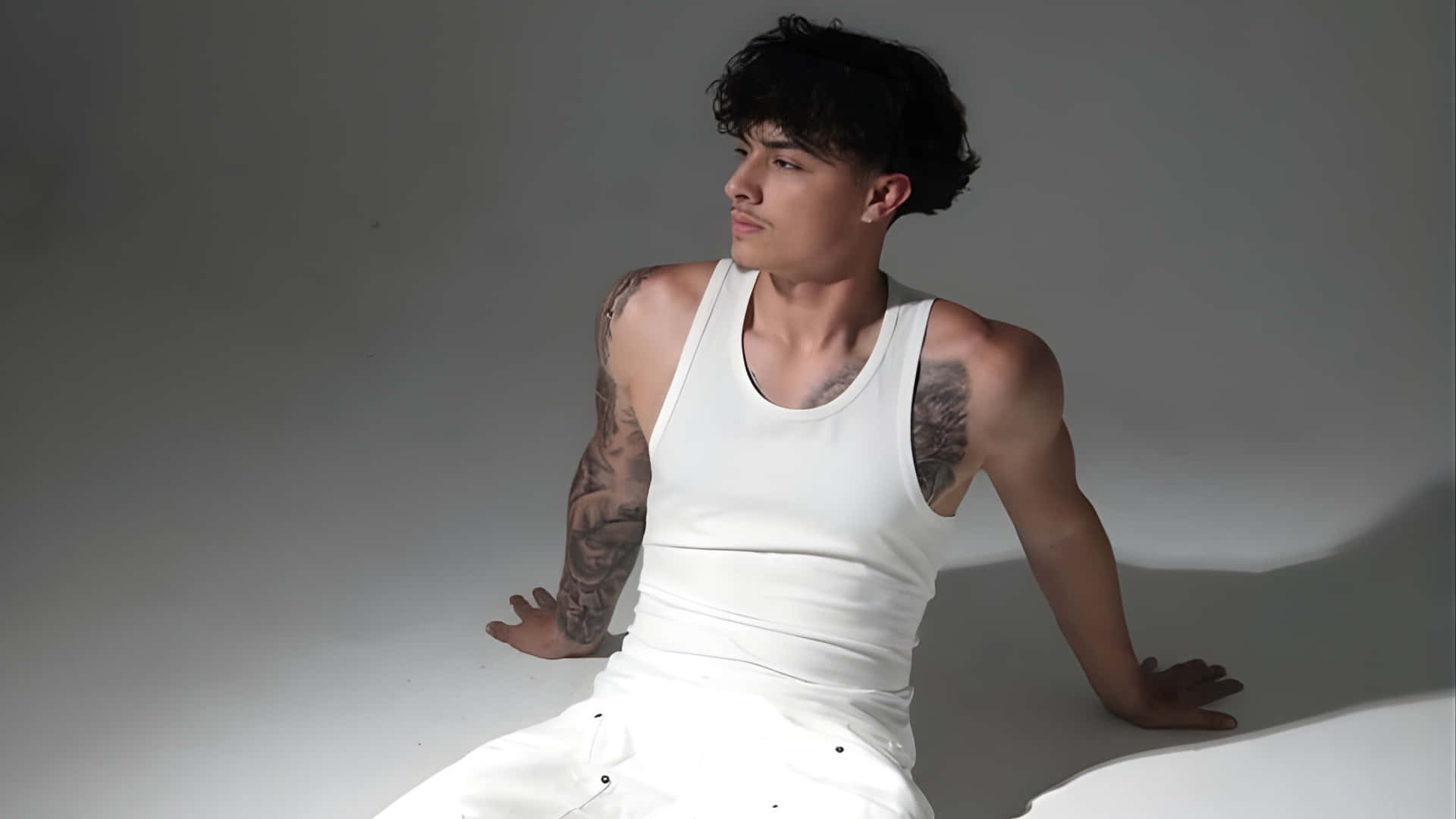 Alex Chino, dark curly hair, tattoos on his arms, Full HD Desktop Wallpaper