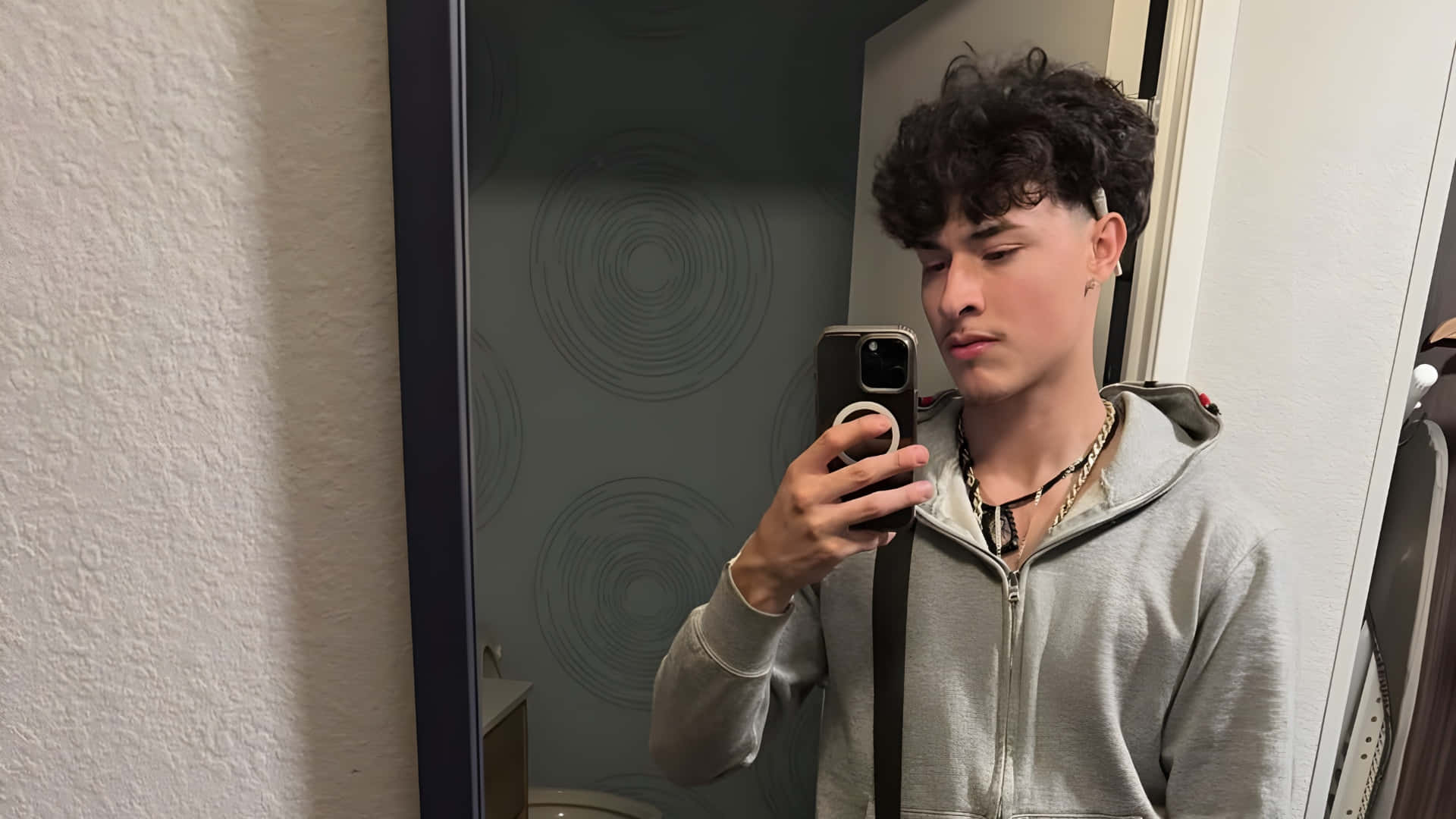 Alex Chino, curly dark hair, gray hoodie, Full HD Desktop Wallpaper