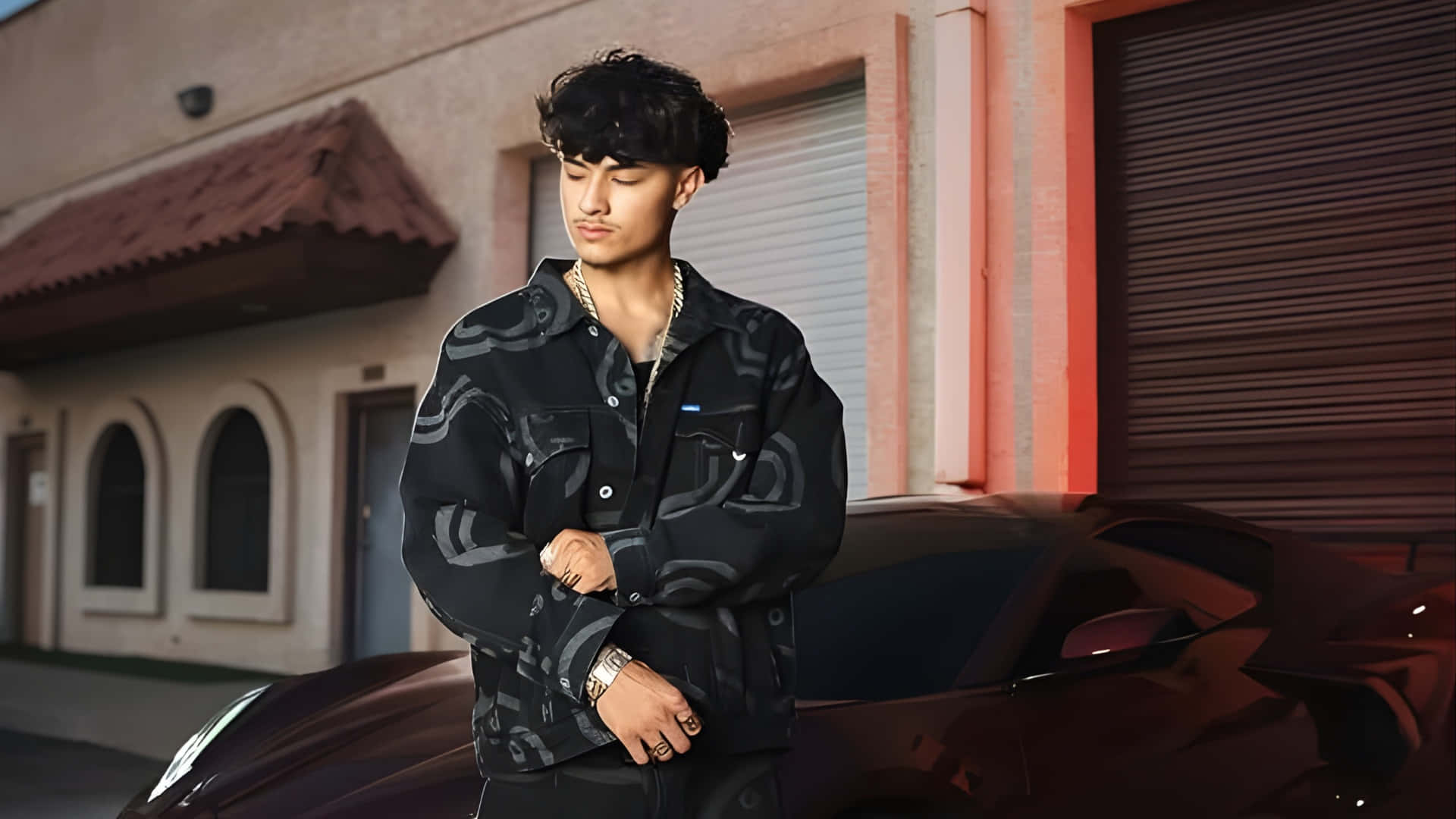 Alex Chino, patterned black jacket, sleek dark sports car, Full HD Desktop Wallpaper