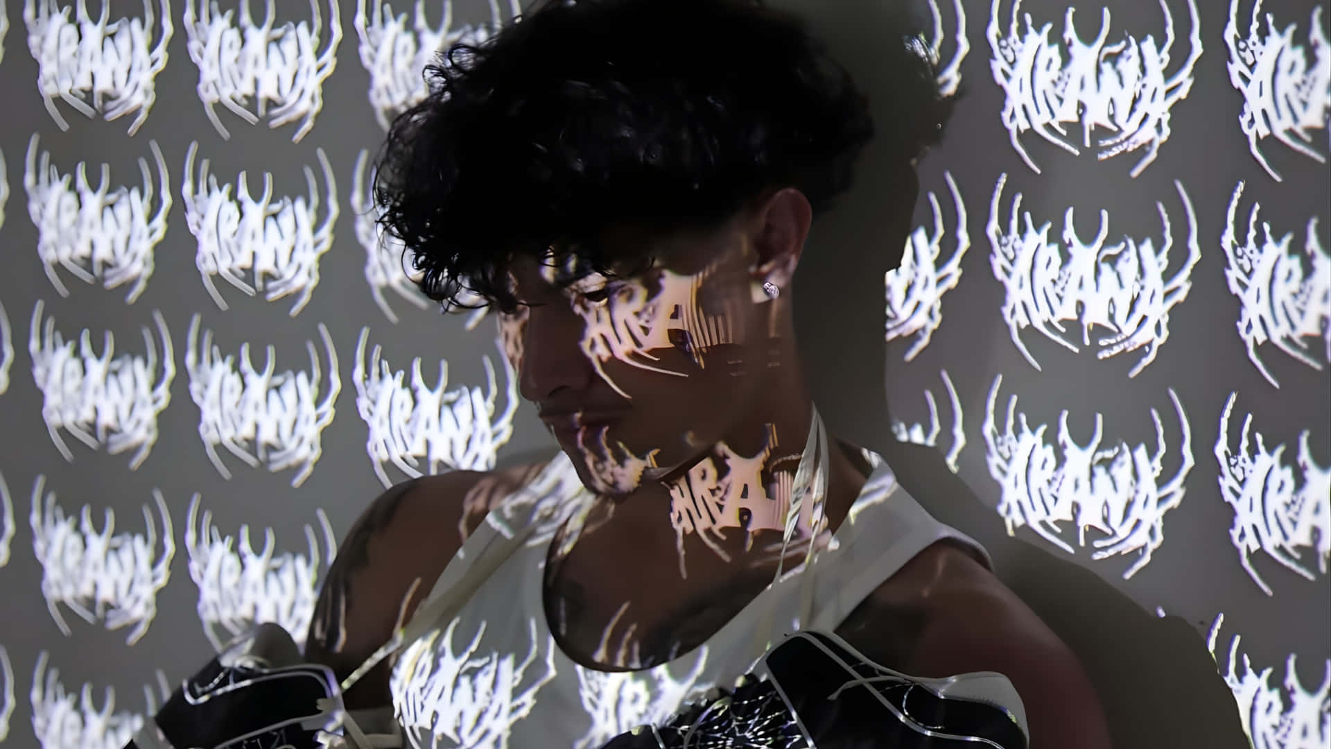 Alex Chino, dark curly hair, white graffiti-style logos, Full HD Desktop Wallpaper
