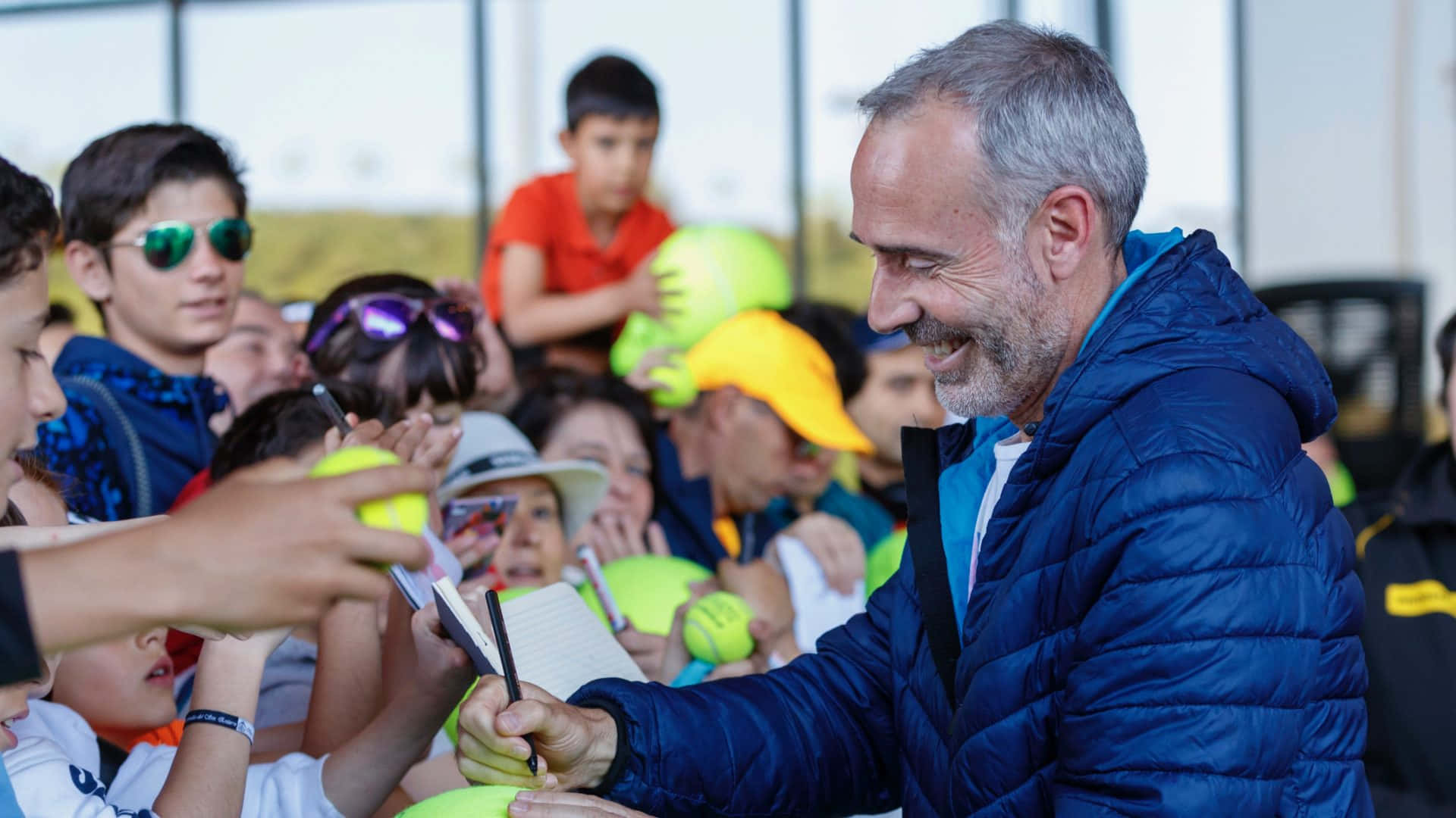 Alex Corretja, blue jacket, tennis balls, Full HD Desktop Wallpaper