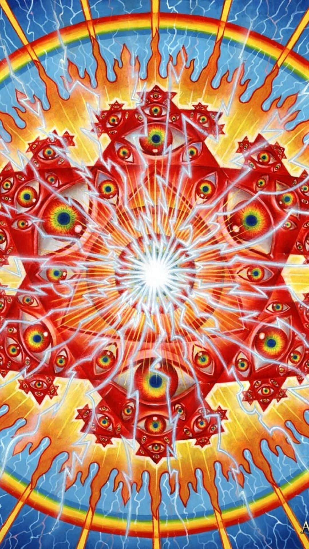 Alex Grey, red eyes, rainbow flames, Full HD Phone Wallpaper