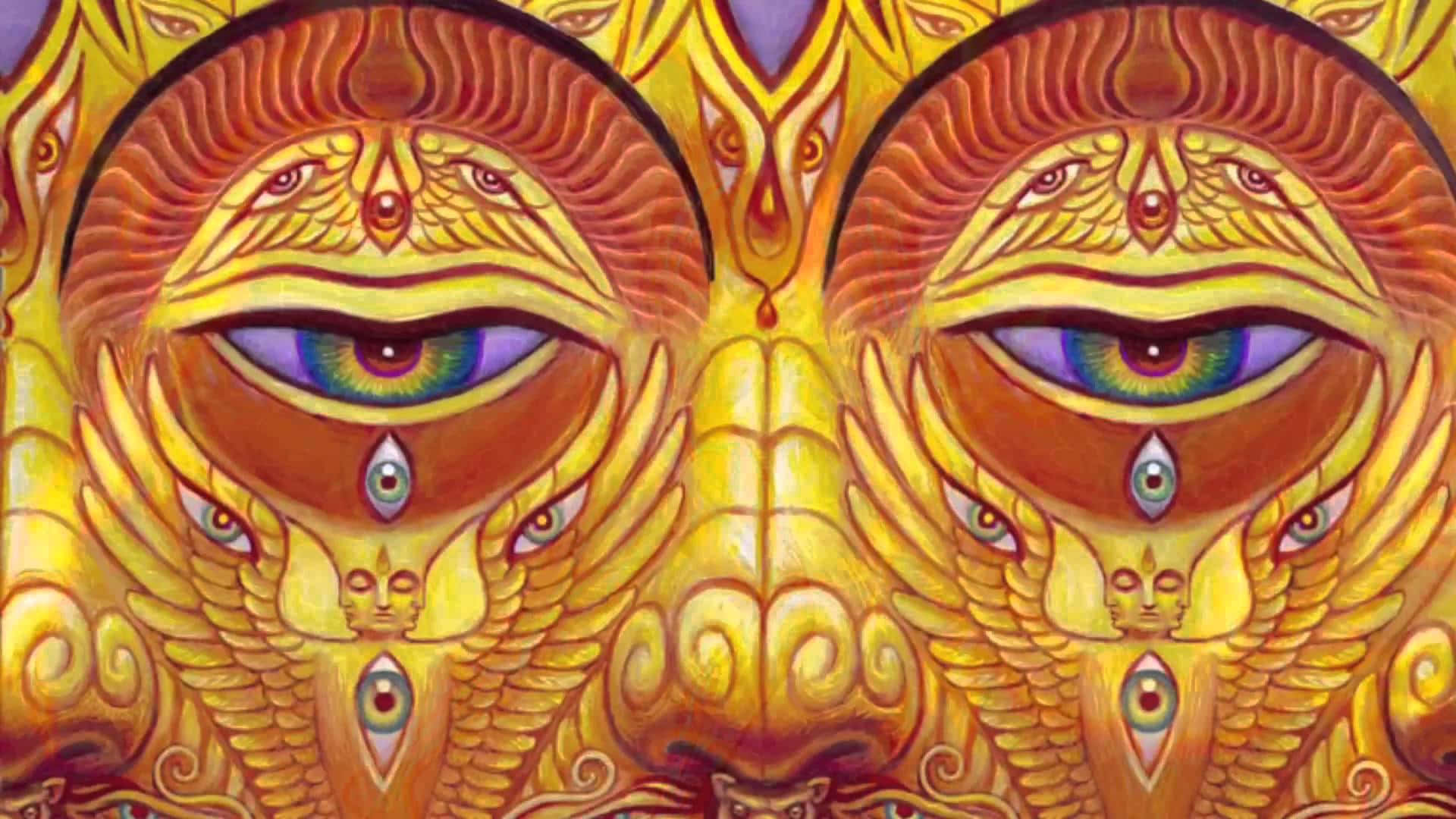 Alex Grey, three eyes, yellow background, Full HD Desktop Wallpaper
