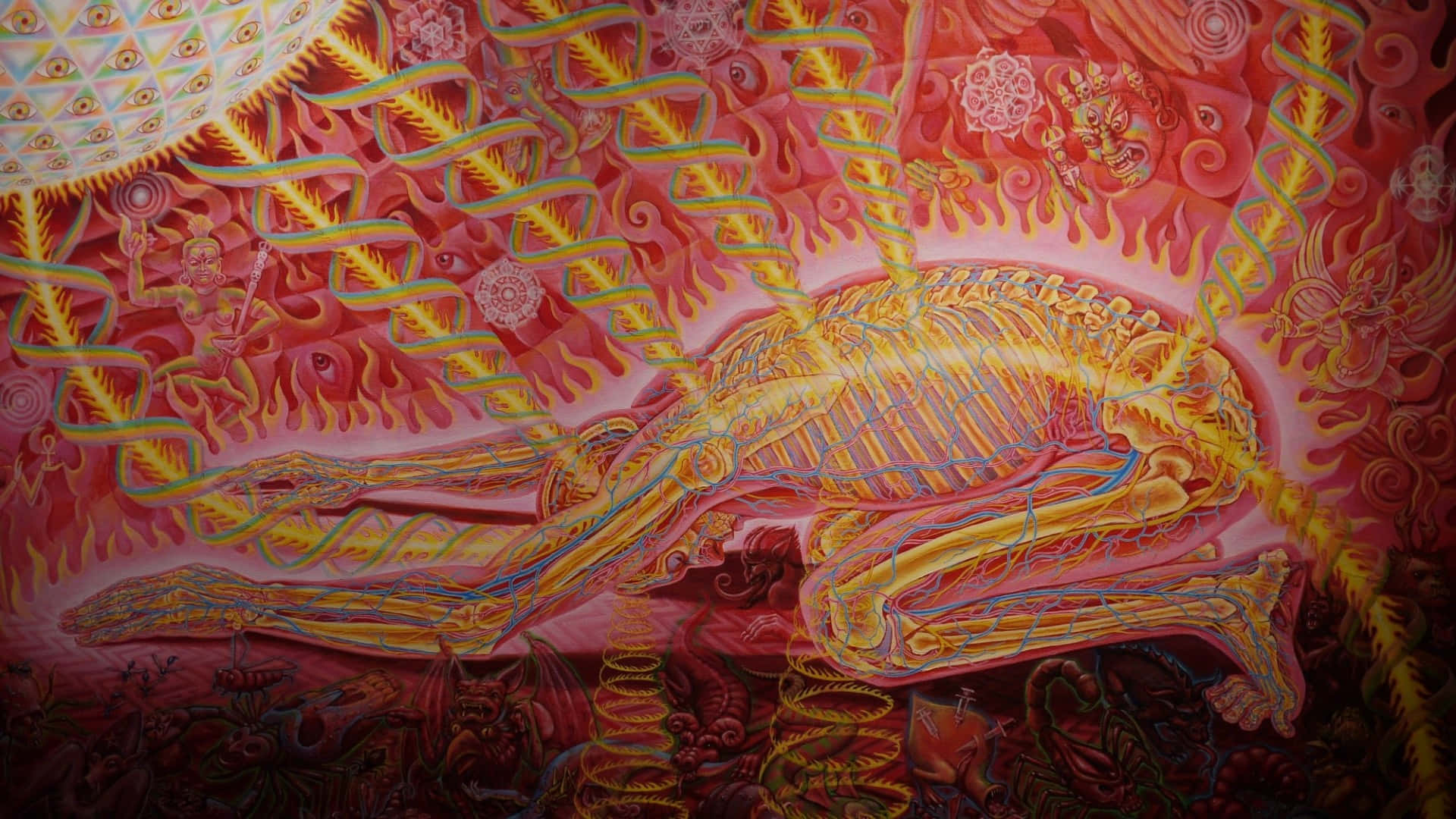 Alex Grey, golden skeletal figure, swirling red flames, Full HD Desktop Wallpaper