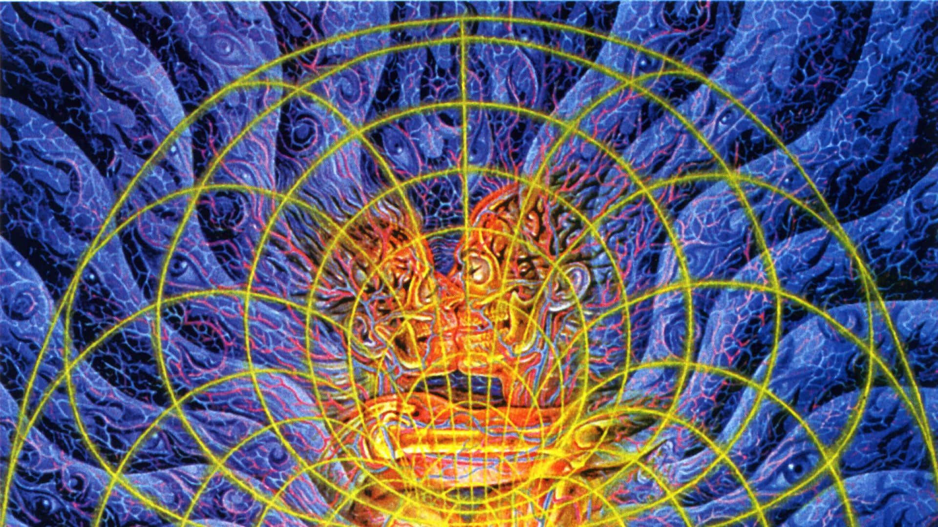 Alex Grey, fiery orange and yellow cosmic vortex, glowing concentric circles, Full HD Desktop Wallpaper