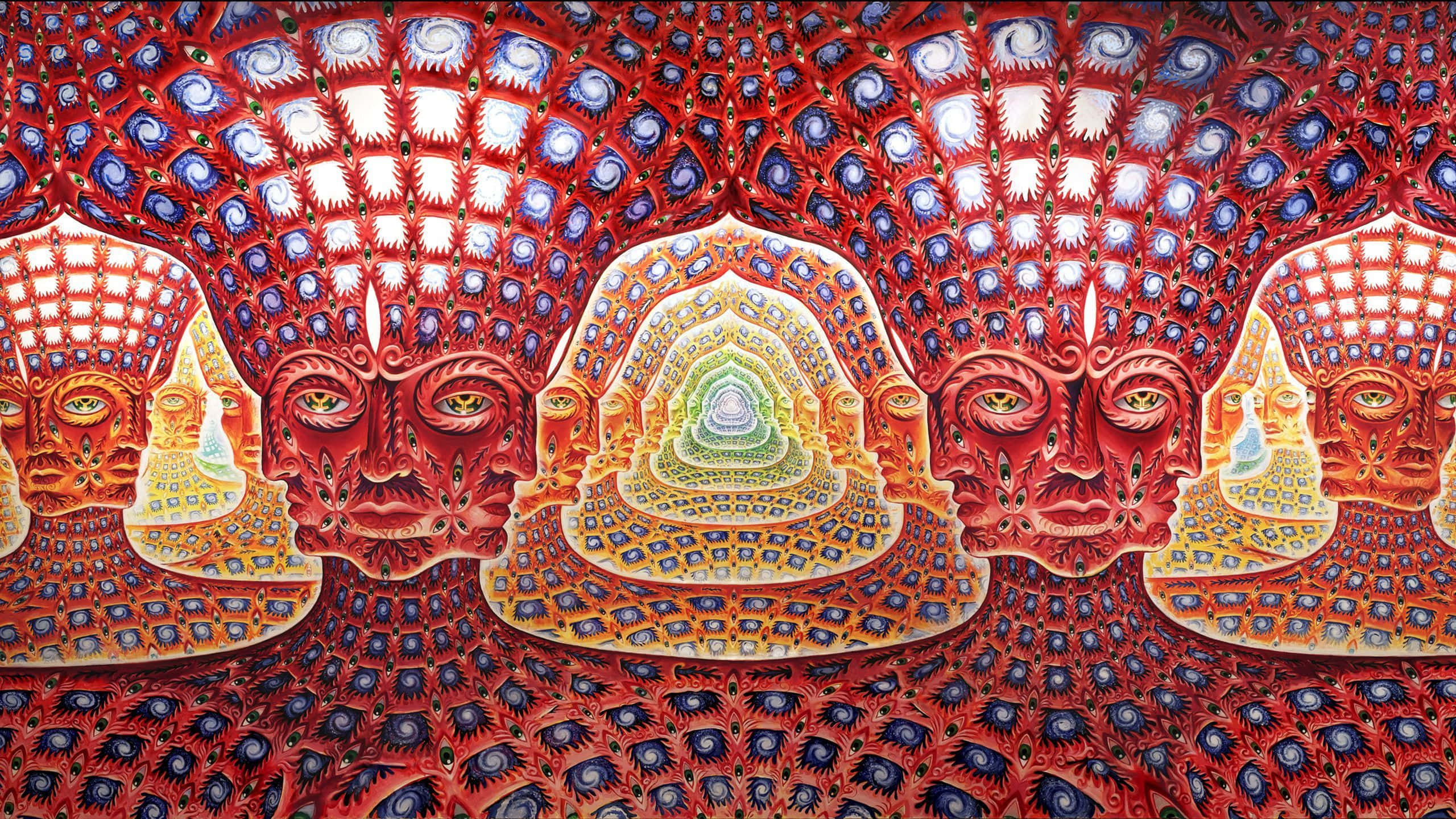 Alex Grey, psychedelic artwork, symmetrical red faces, 2K Desktop Wallpaper