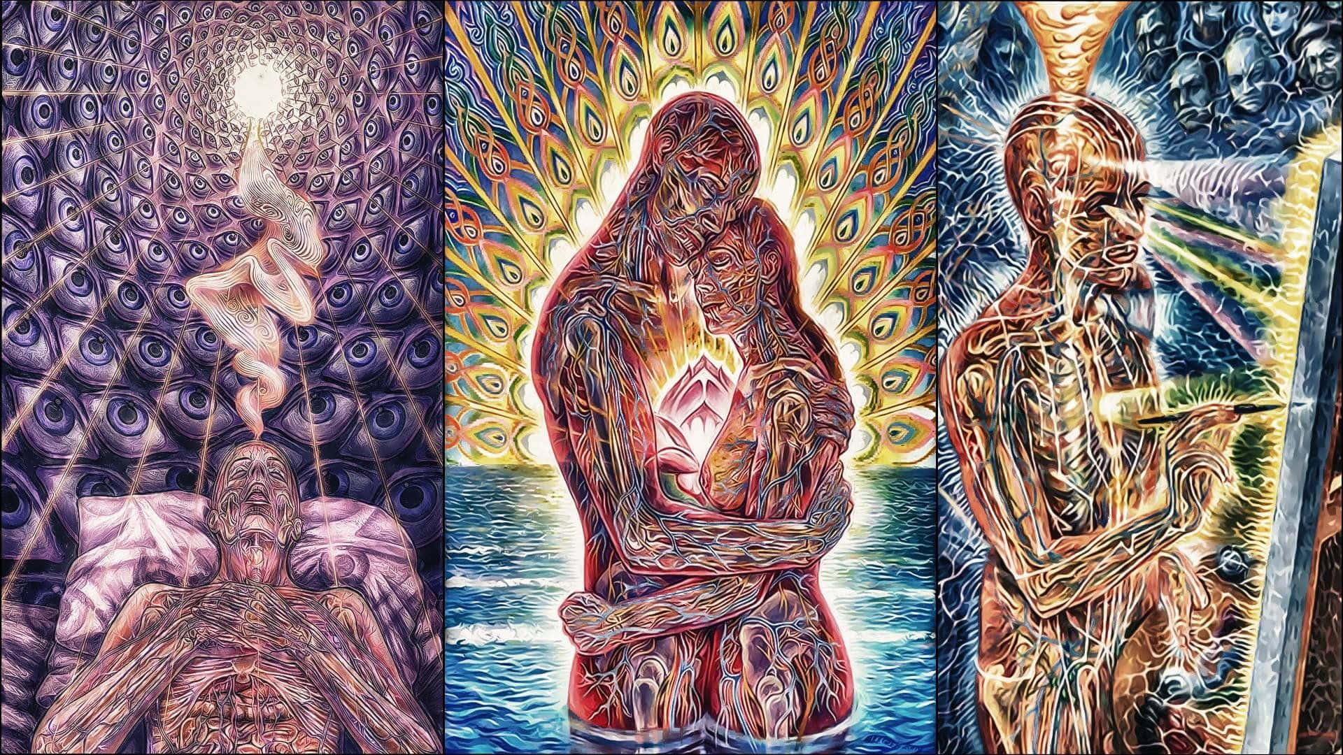 Alex Grey, surreal triptych panels, mystical figures, Full HD Desktop Wallpaper