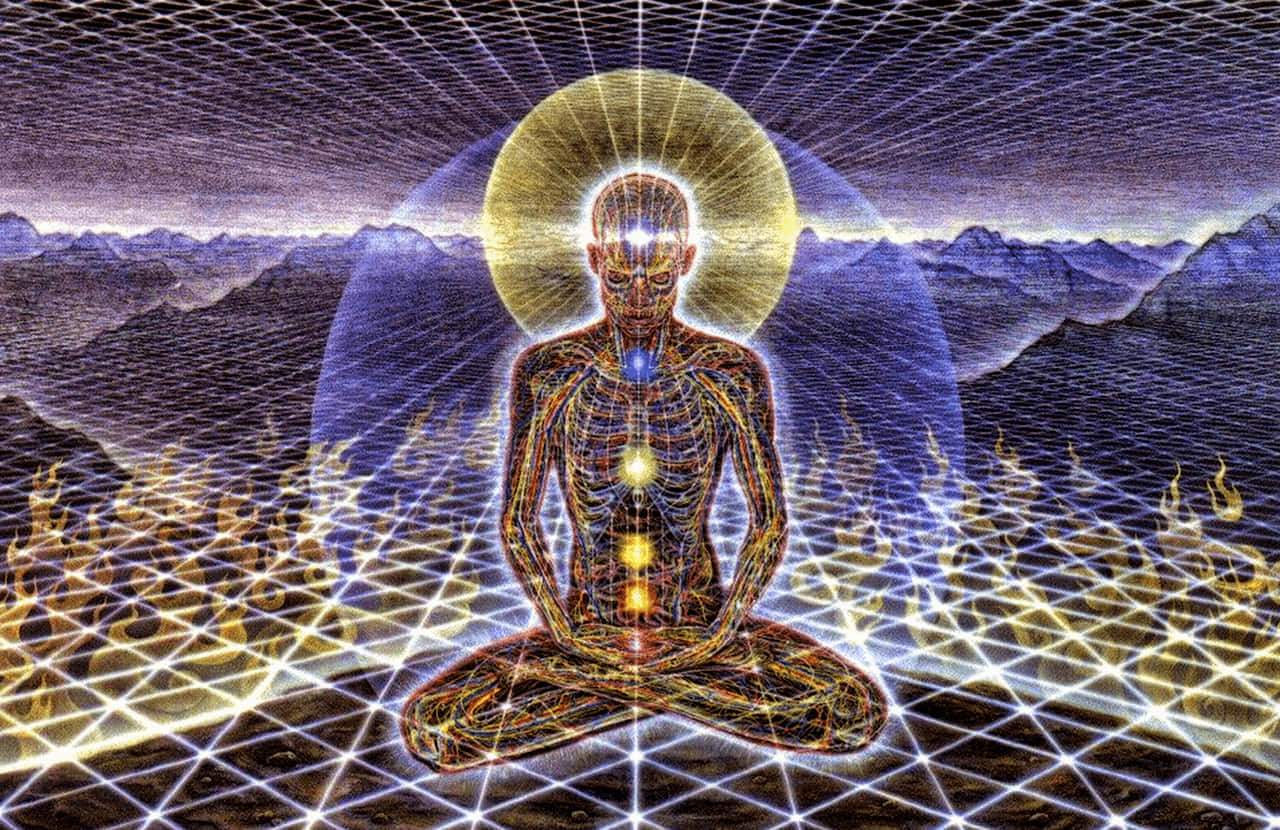 Alex Grey, lotus position, glowing light, HD Desktop Wallpaper