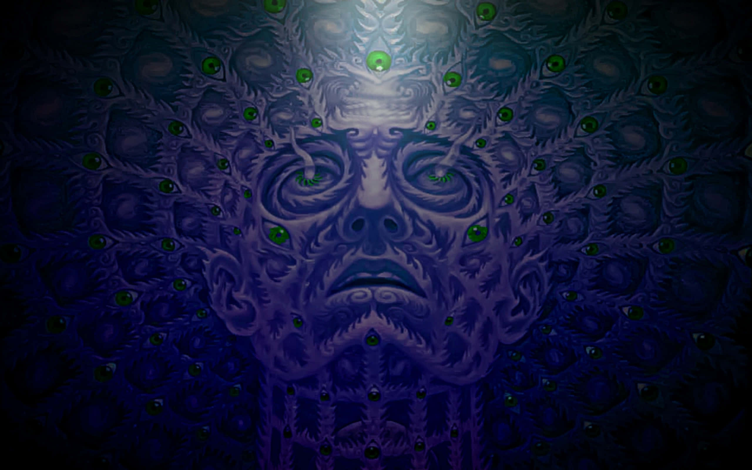 Alex Grey, surreal purple face, glowing green eyes, 2K Desktop Wallpaper