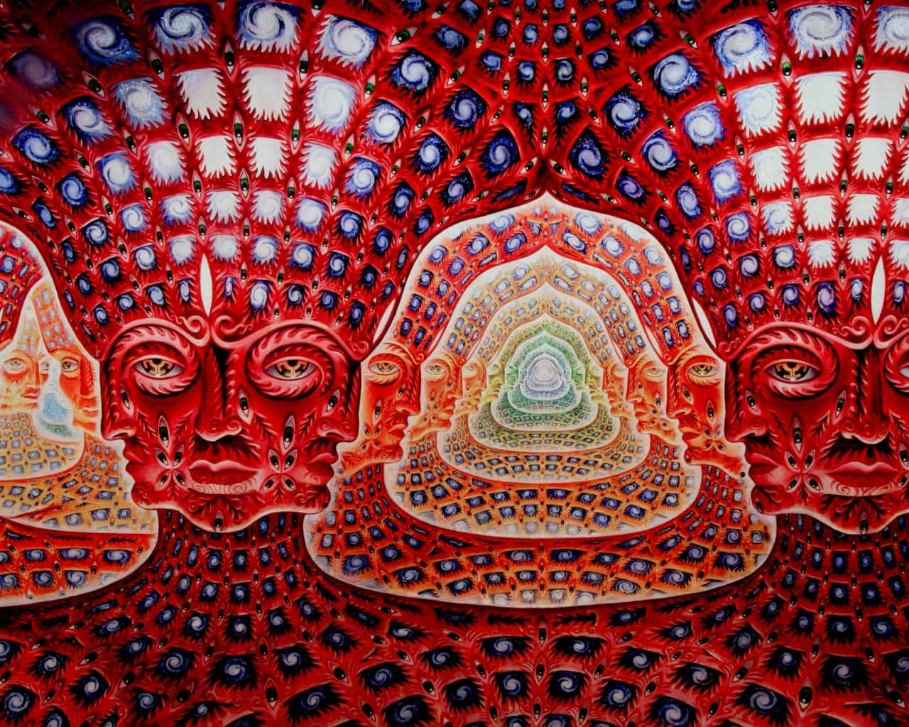 Alex Grey, vibrant red, blue patterned faces, HD Desktop Wallpaper