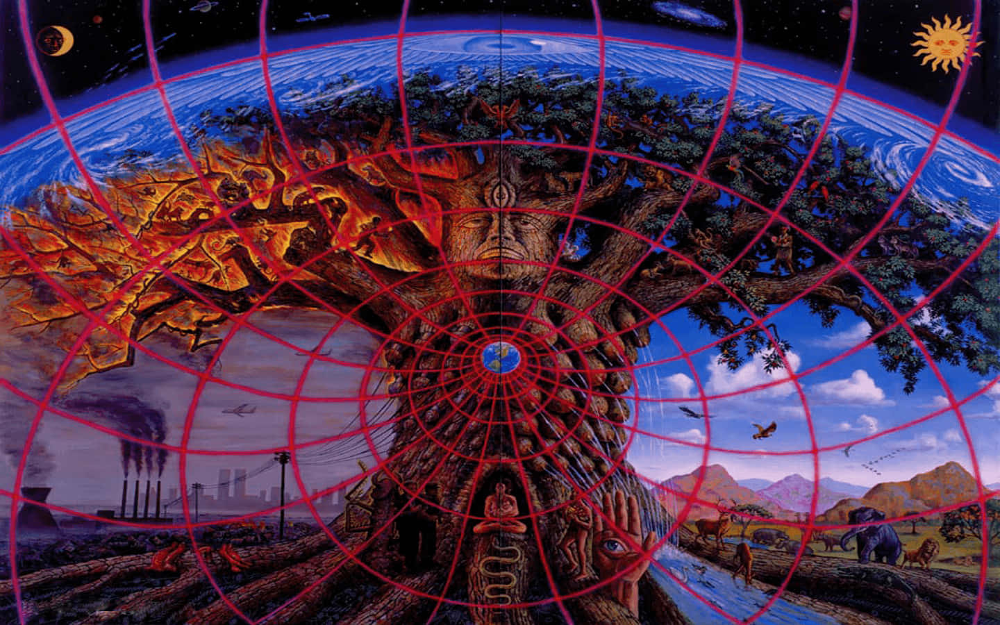 Alex Grey, cosmic tree, fiery roots, HD Desktop Wallpaper