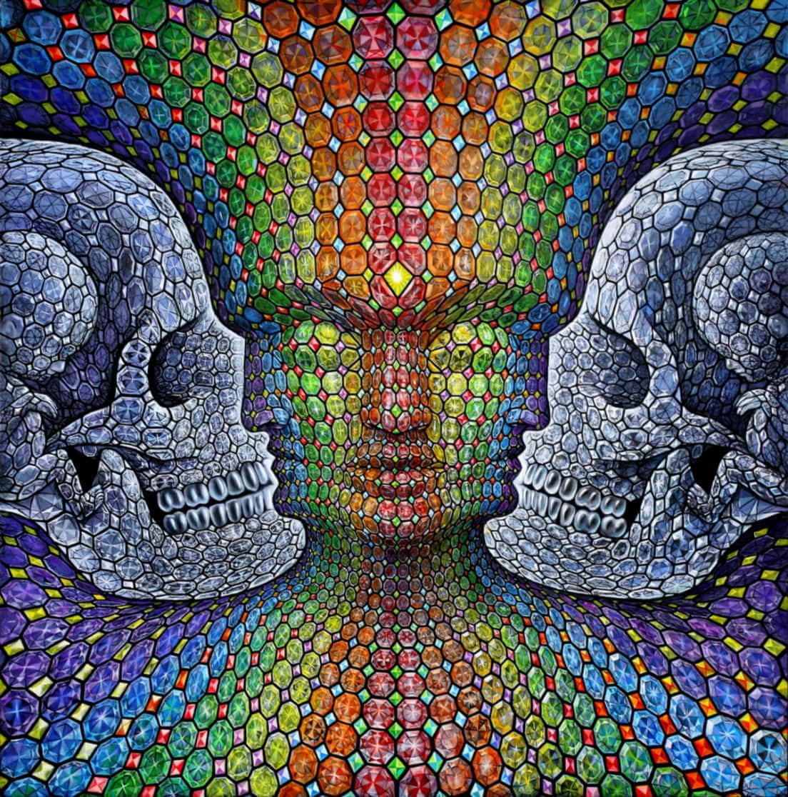 Alex Grey, rainbow-hued hexagonal mosaic tunnel, two gray skulls, SD Phone Wallpaper