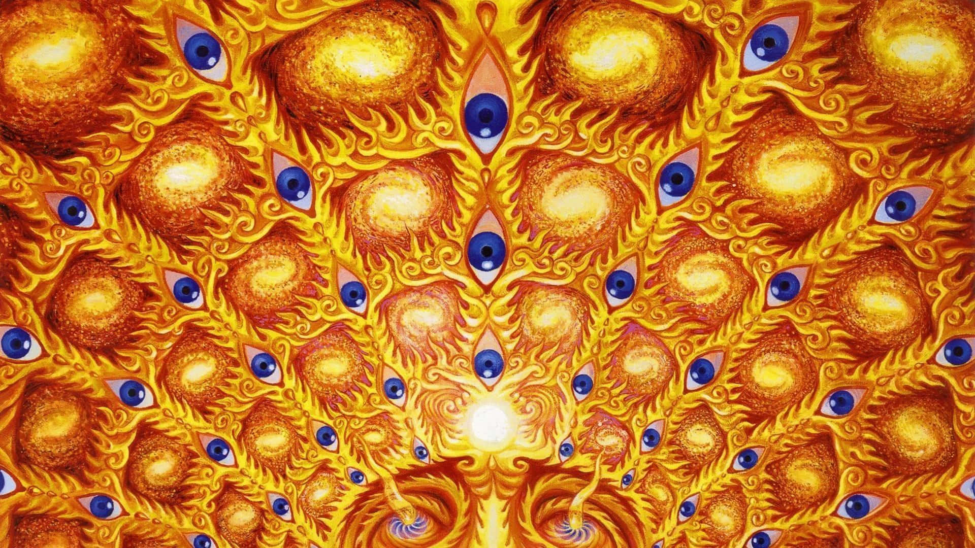 Alex Grey, golden peacock, blue eyes, Full HD Desktop Wallpaper