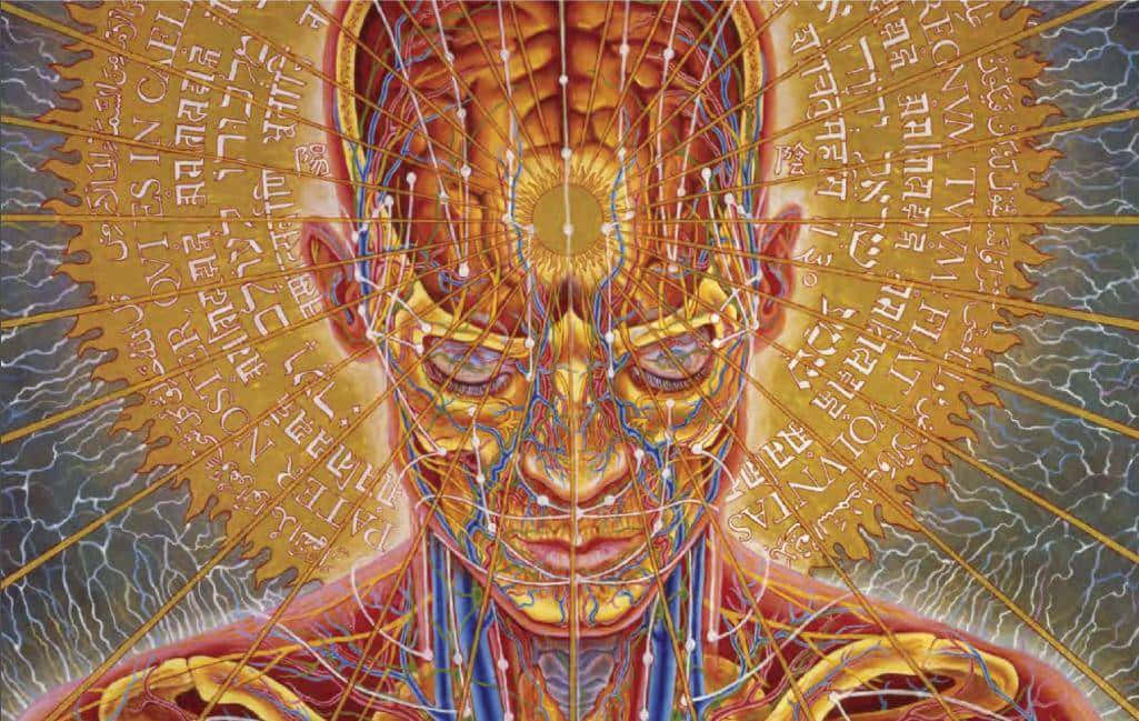Alex Grey, golden human head, glowing eyes, SD Desktop Wallpaper