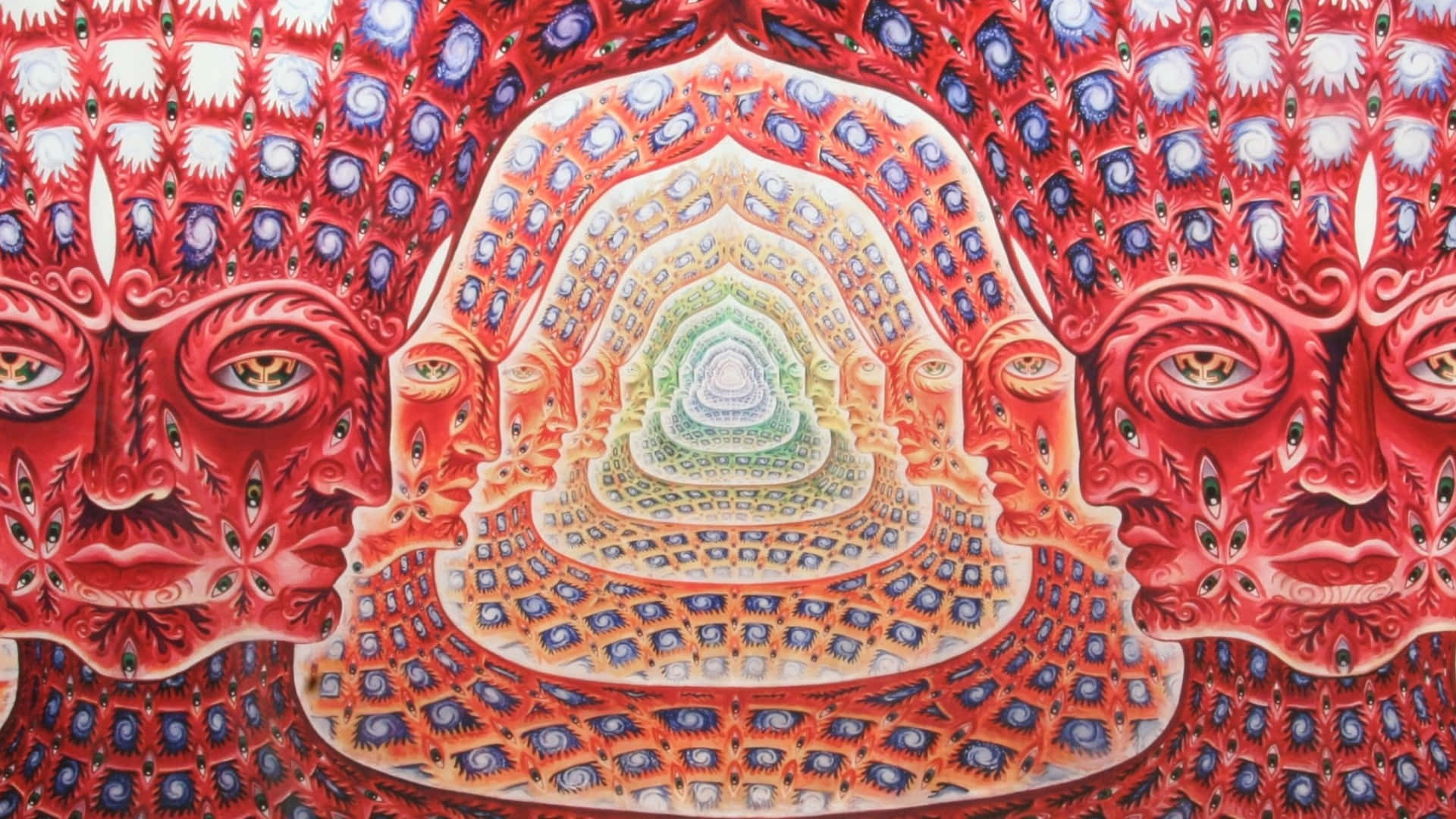 Alex Grey, vibrant red faces, intricate patterns, Full HD Desktop Wallpaper