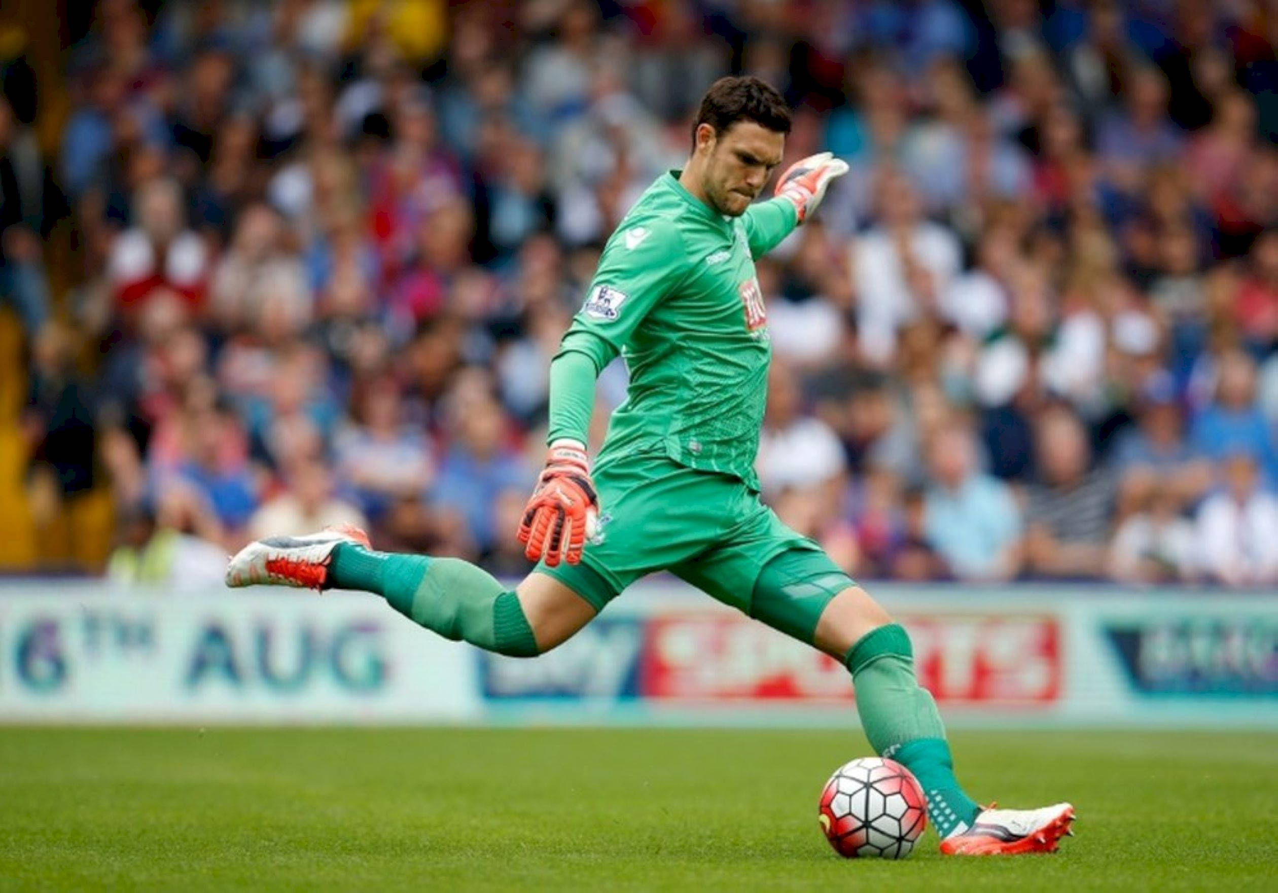 Alex McCarthy, green uniform, red and white ball, Full HD Desktop Wallpaper