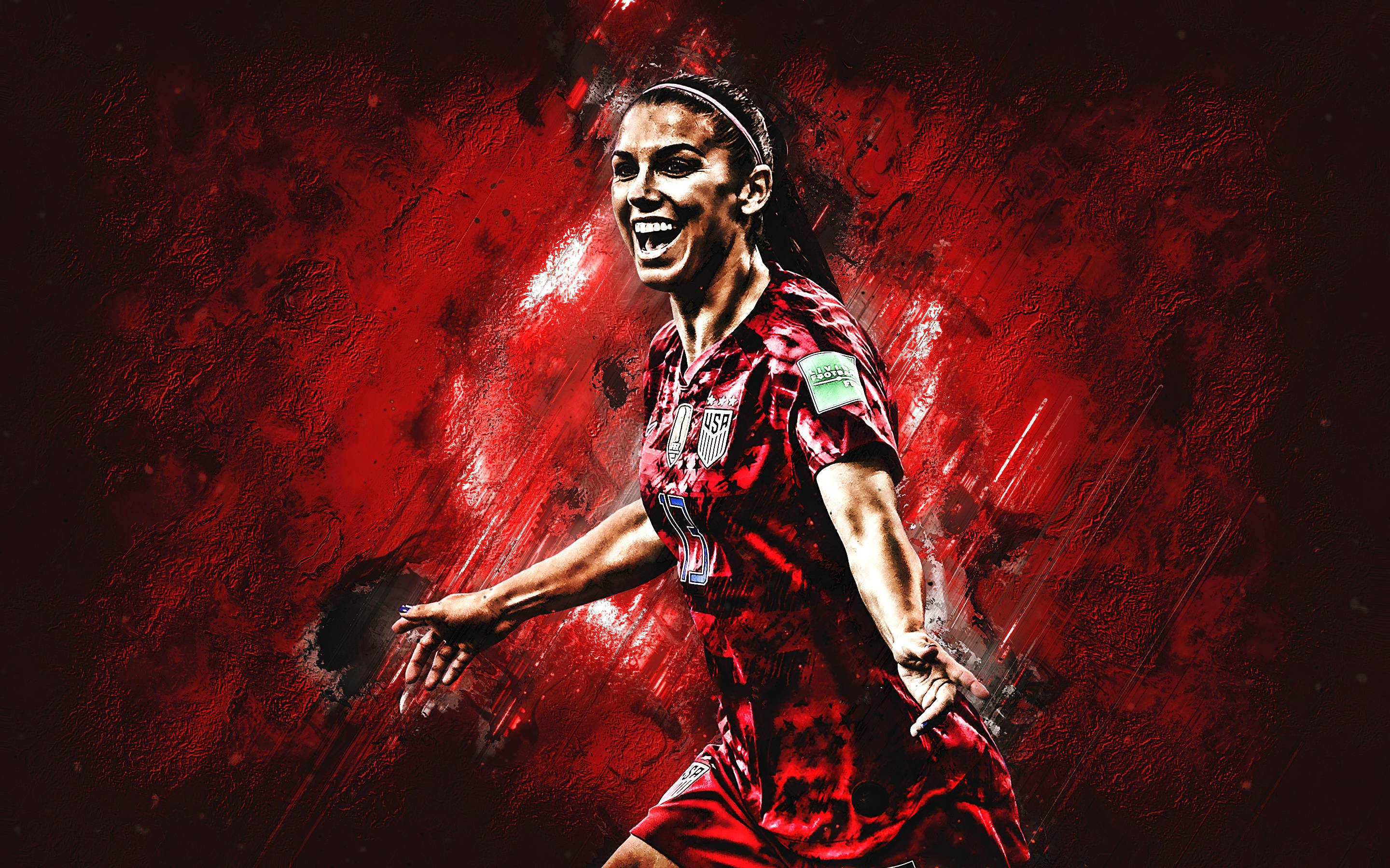 Alex Morgan, red USA jersey, dynamic red textured background, 2K Desktop Wallpaper