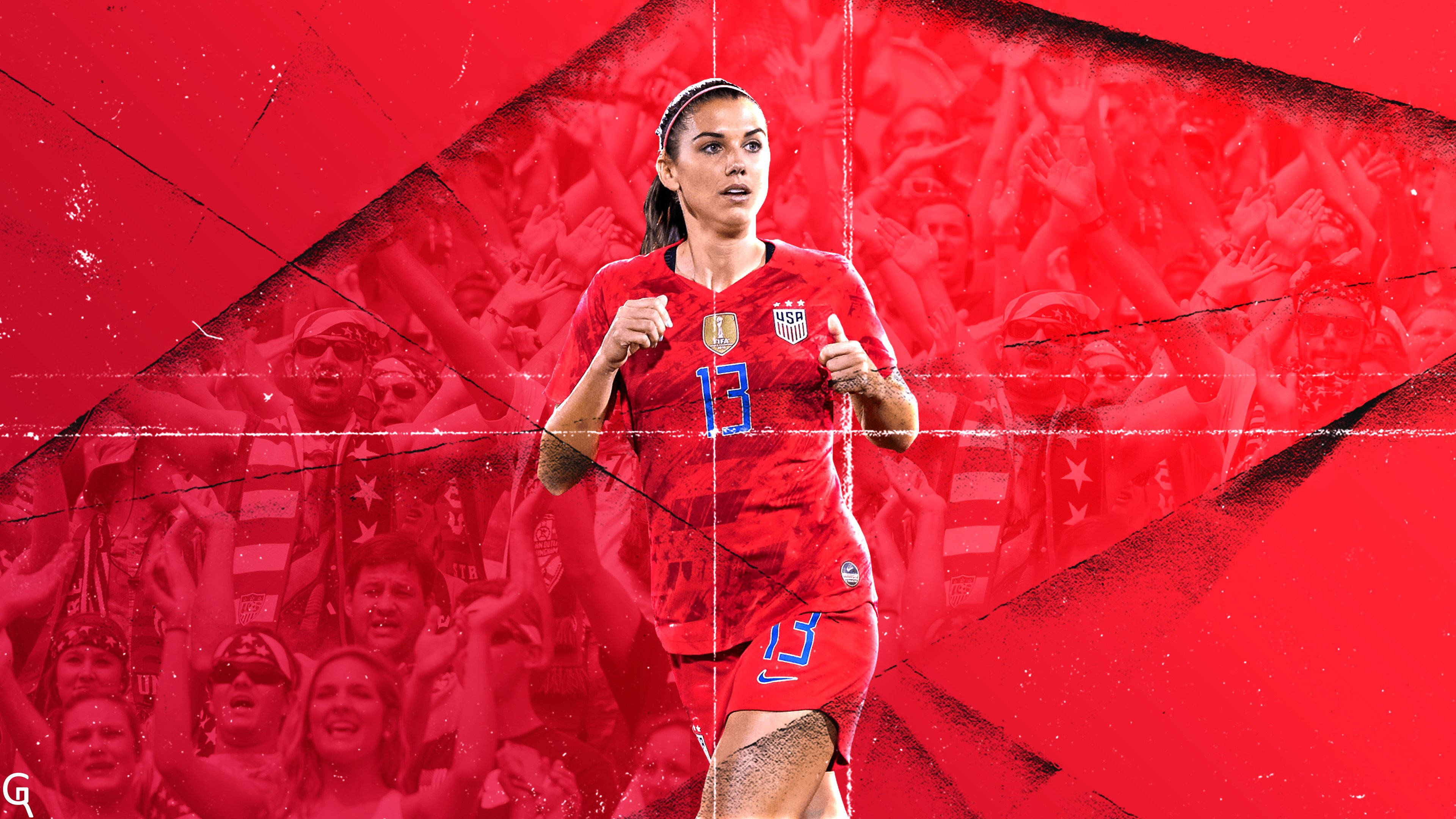 Alex Morgan, red USA jersey, cheering crowd, 4K Desktop Wallpaper