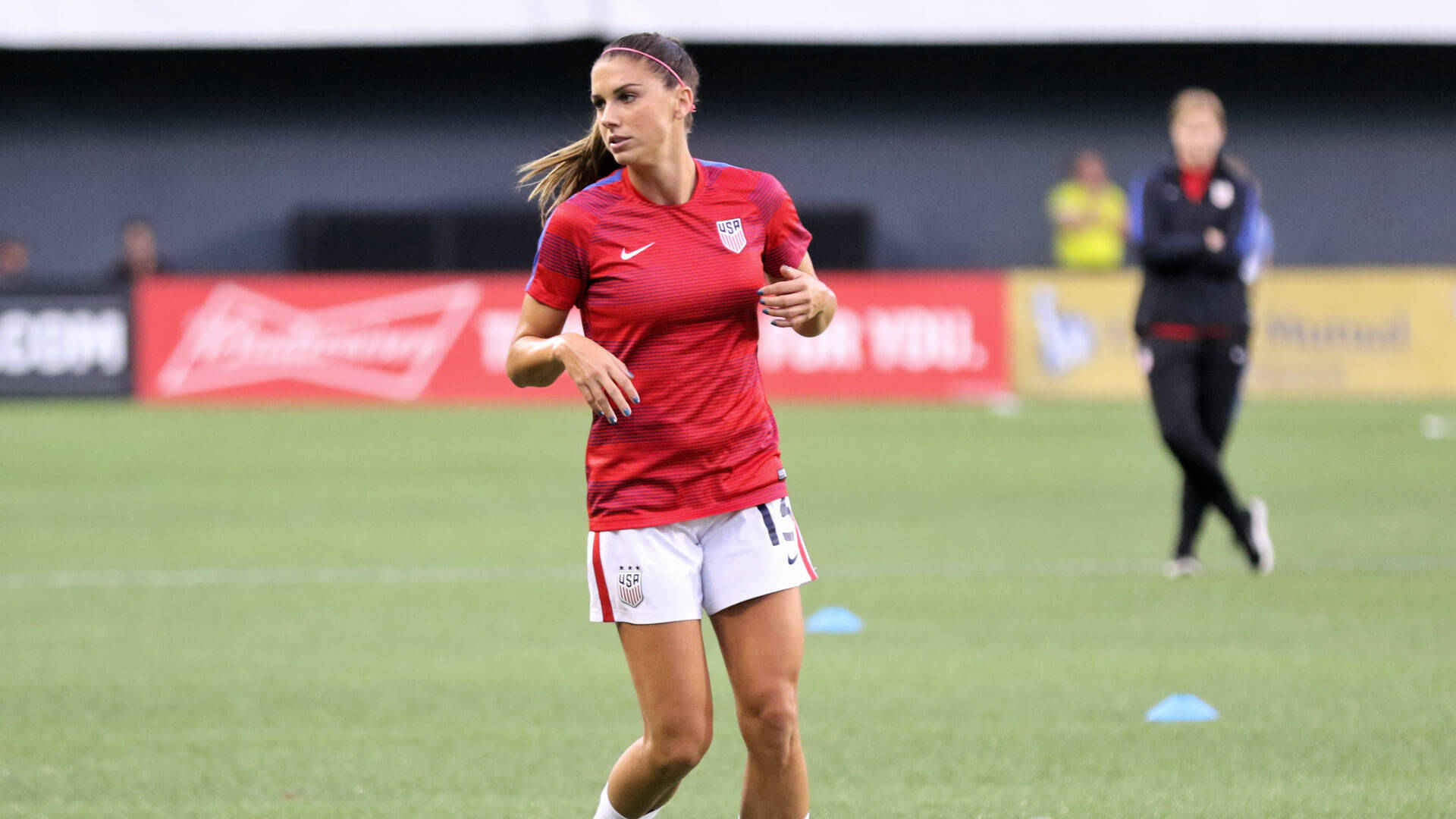 Alex Morgan, red jersey, green field, Full HD Desktop Wallpaper