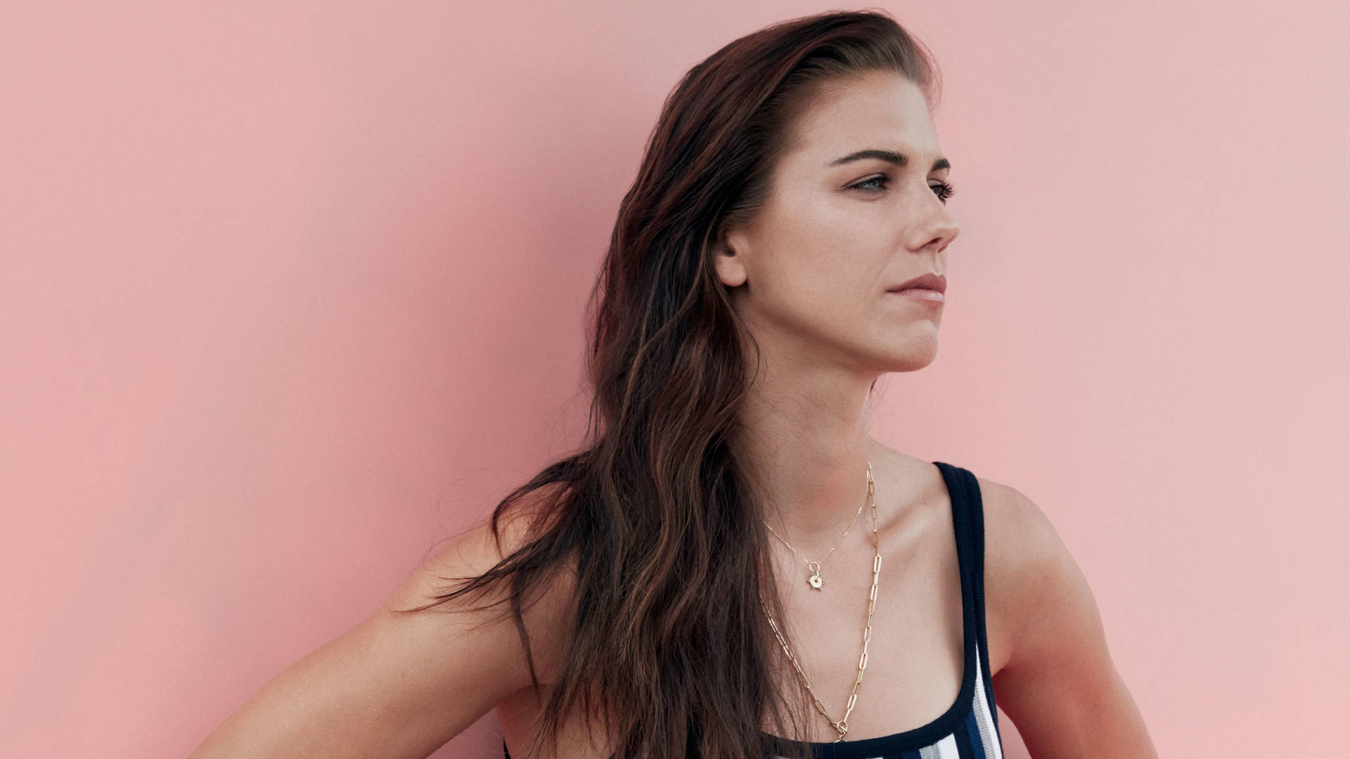 Alex Morgan, pink wall, long dark hair, Full HD Desktop Wallpaper