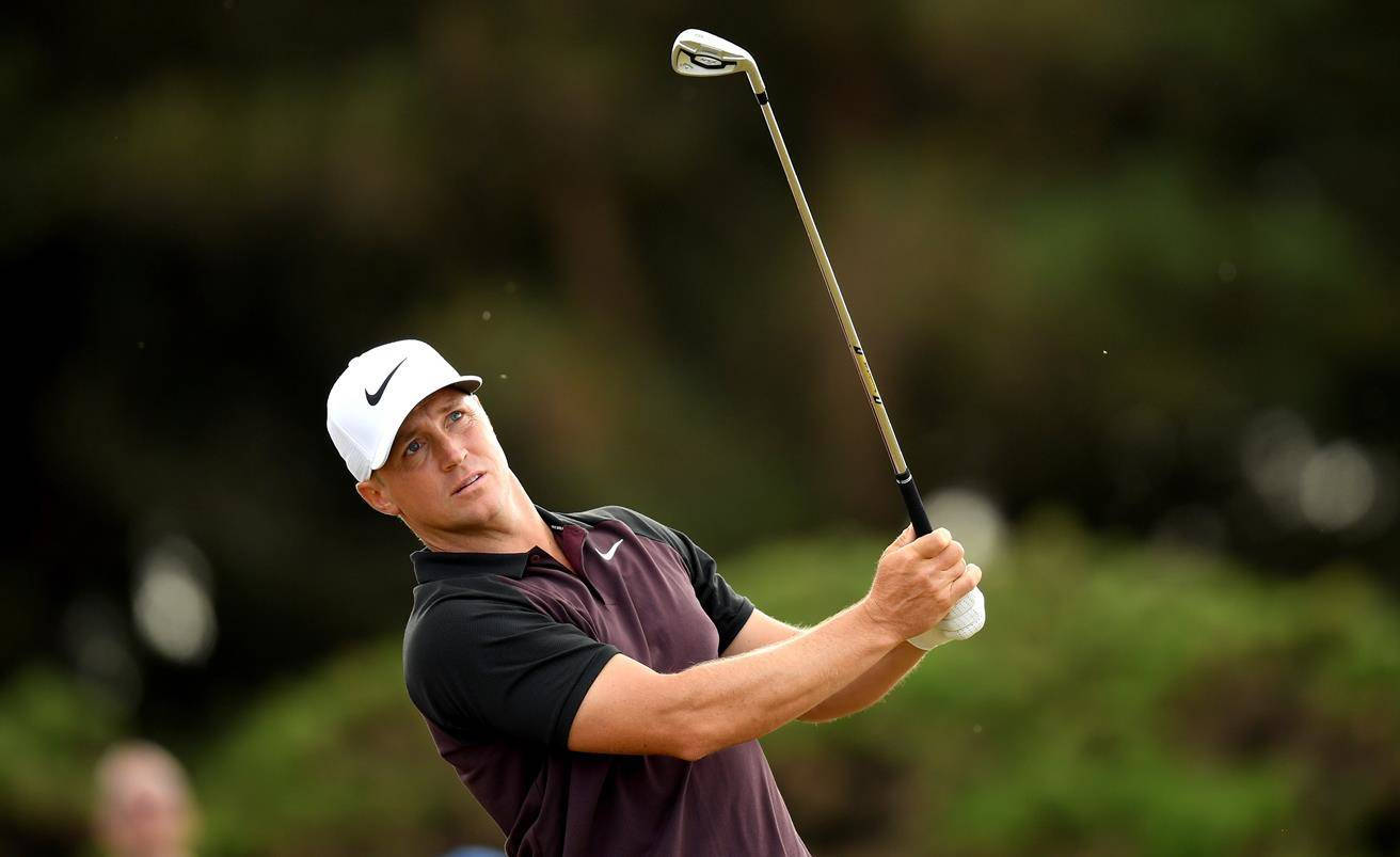 Alex Noren, mid-swing, lush green course, HD Desktop Wallpaper