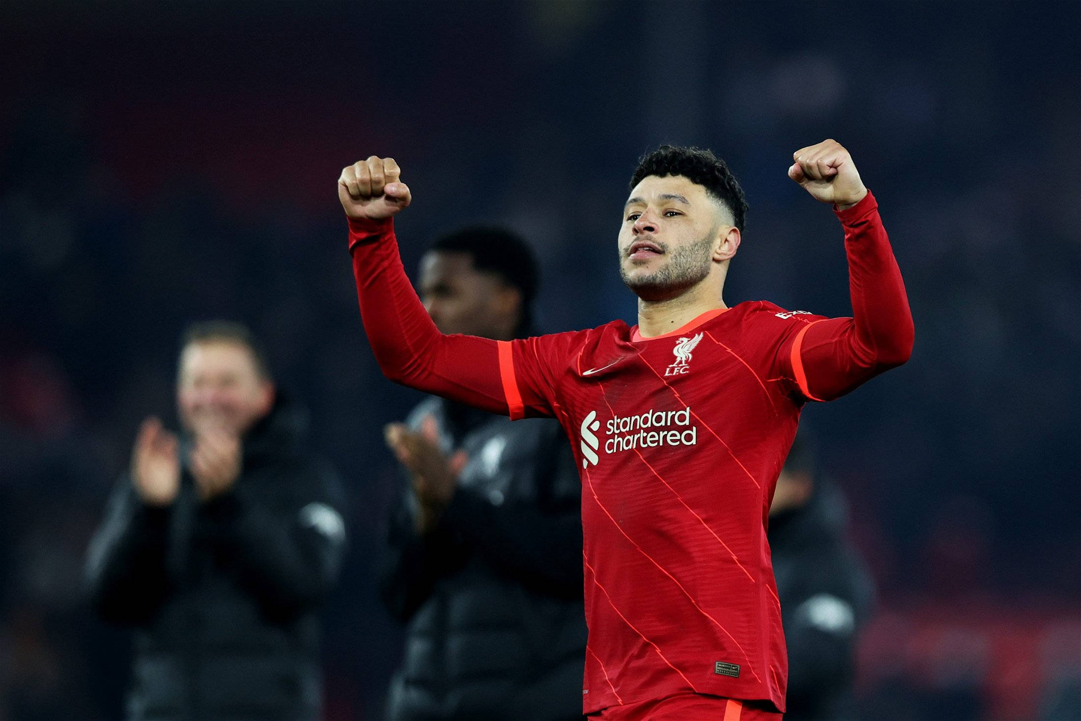Alex Oxlade-Chamberlain, red Liverpool jersey, stadium field, Full HD Desktop Wallpaper