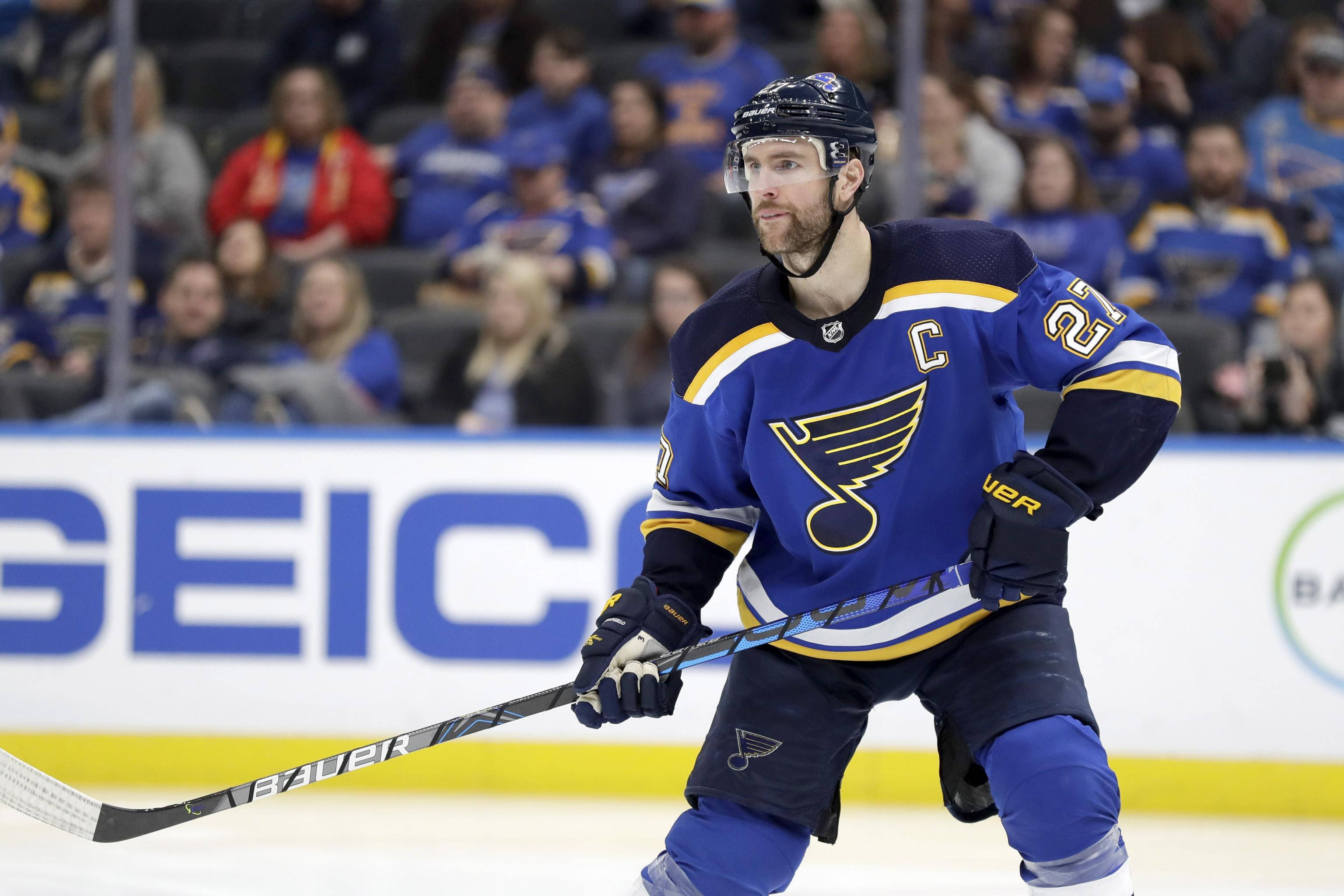Alex Pietrangelo, blue and gold uniform, hockey sticks, 2K Desktop Wallpaper