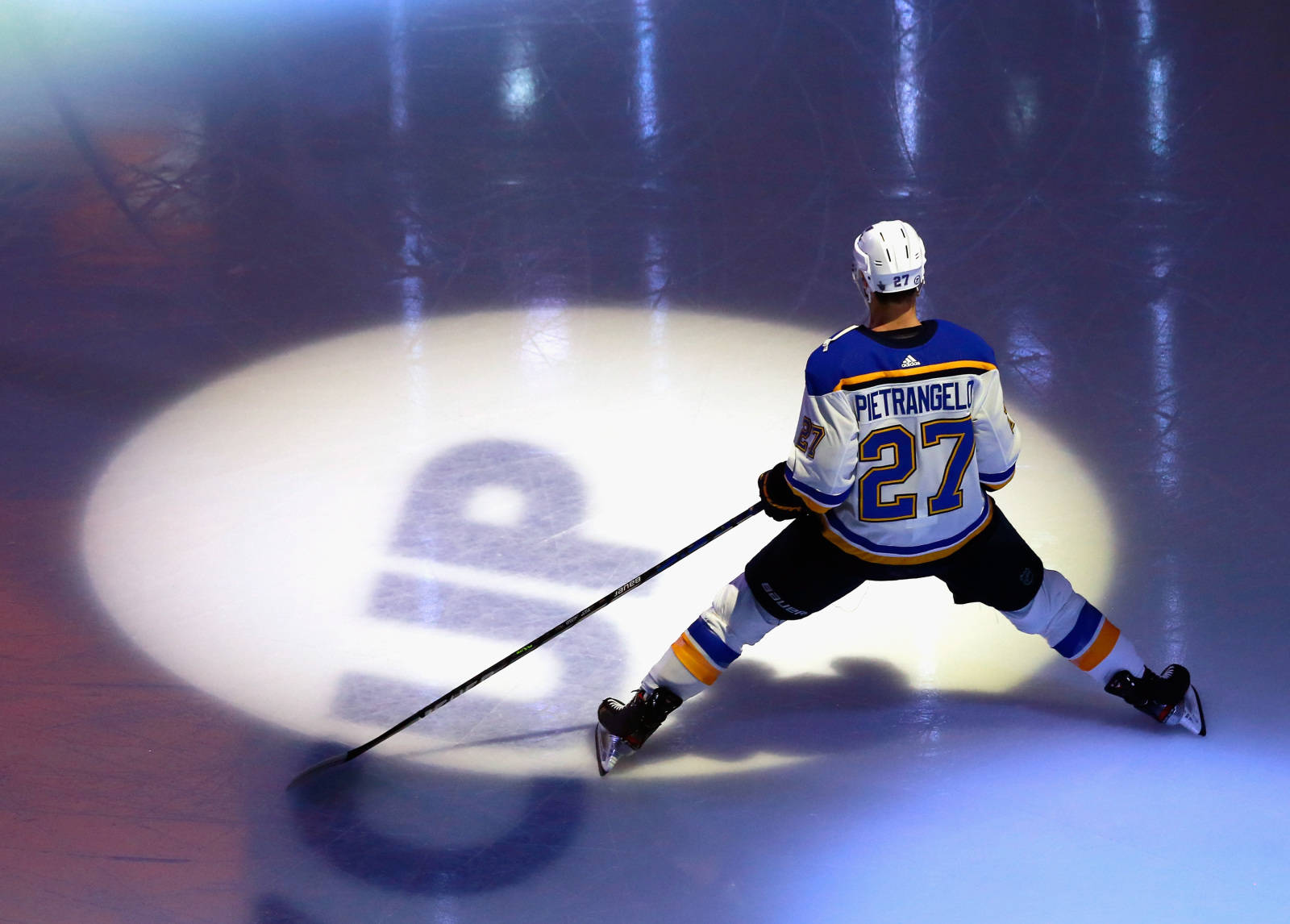 Alex Pietrangelo, blue and white uniform, spotlight, HD Desktop Wallpaper