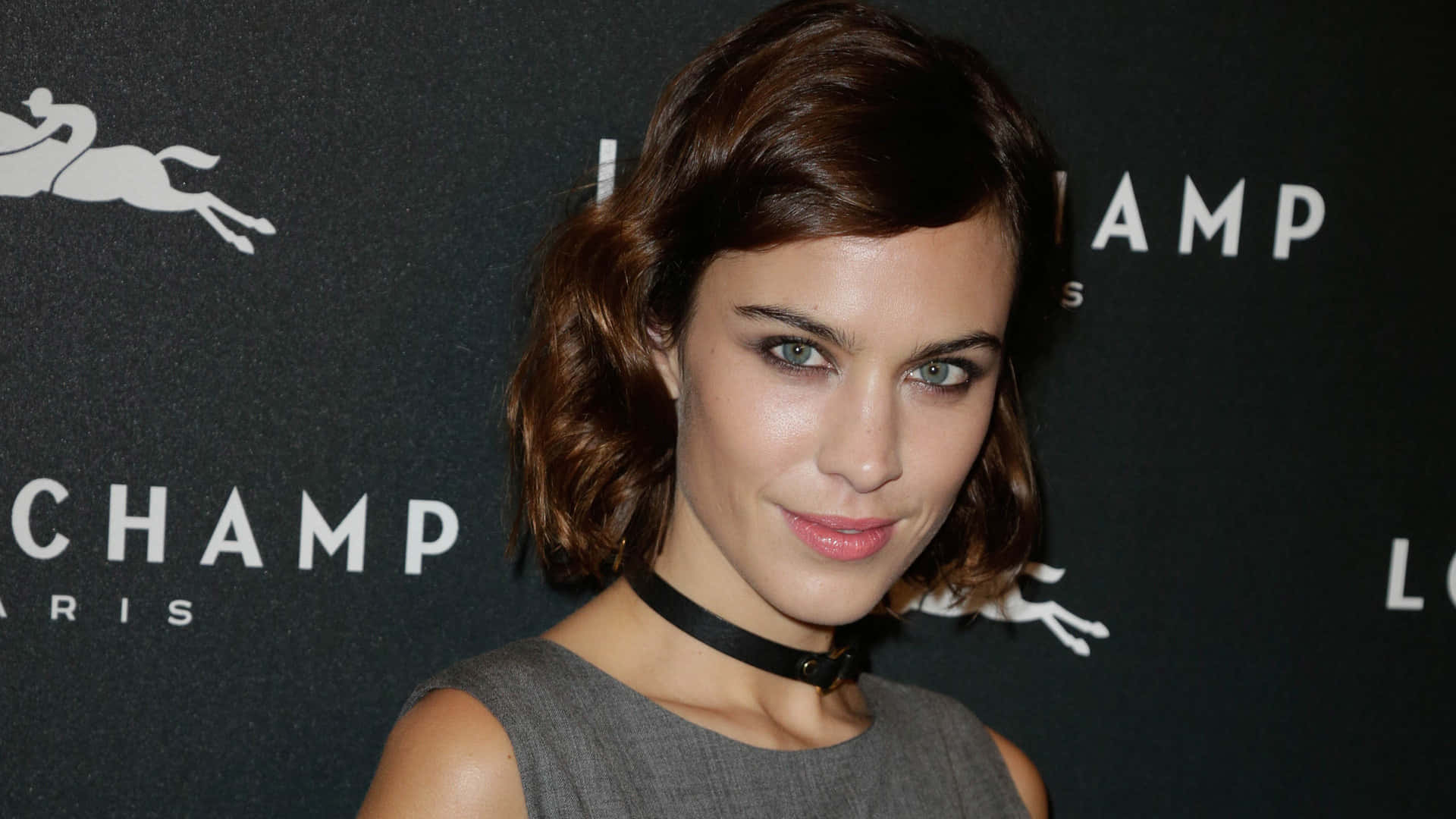 Alexa Chung, gray dress, black choker, Full HD Desktop Wallpaper