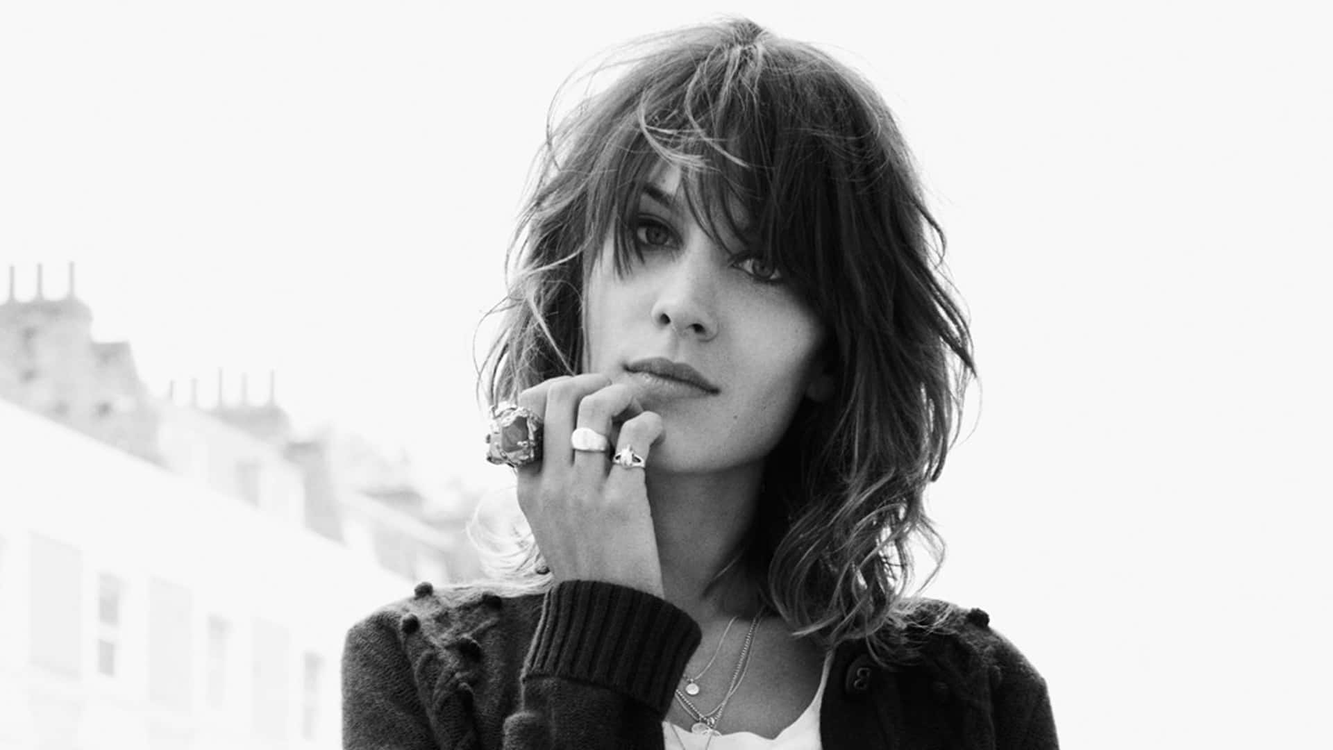 Alexa Chung, black and white portrait, tousled hair, Full HD Desktop Wallpaper