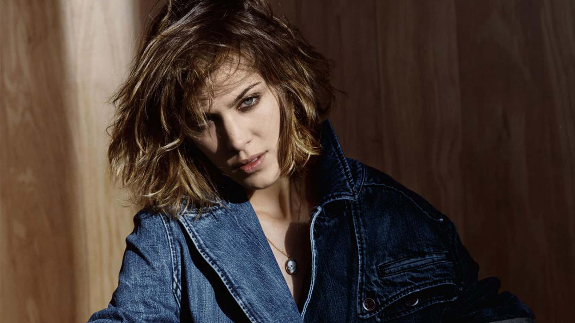 Alexa Chung, denim jacket, tousled brown hair, Full HD Desktop Wallpaper