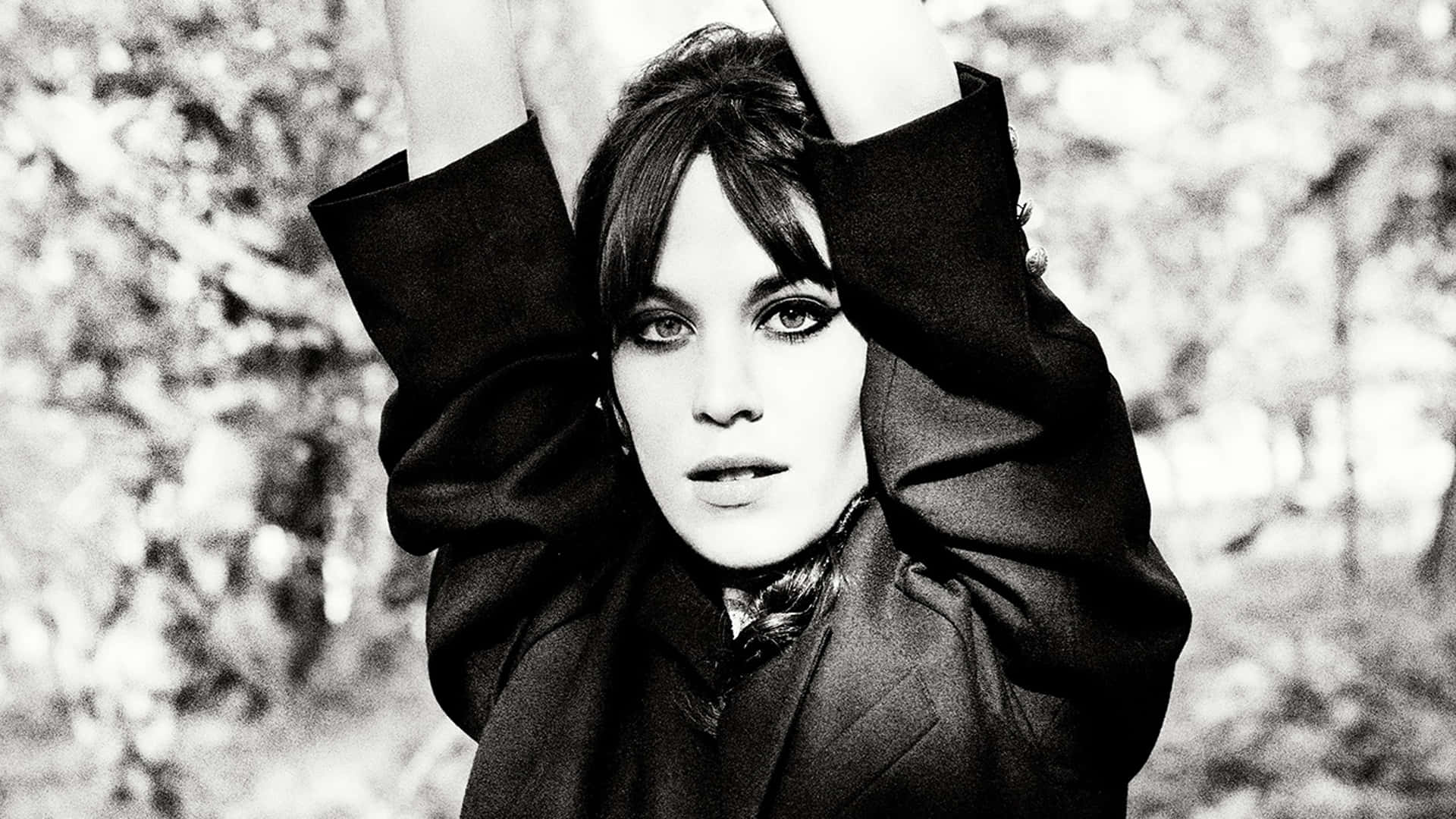 Alexa Chung, black and white portrait, arms raised behind her head, Full HD Desktop Wallpaper