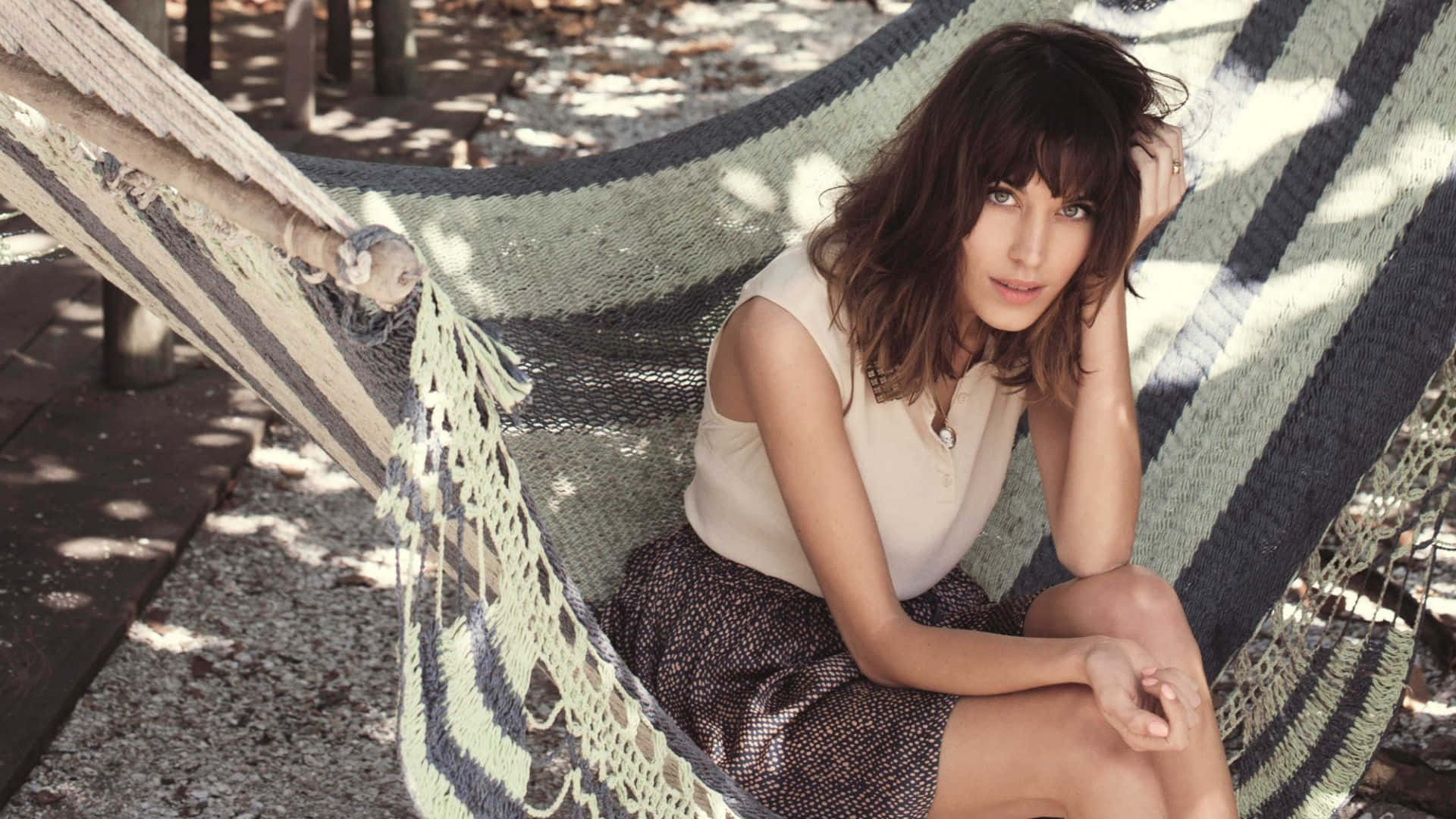 Alexa Chung, striped hammock, dappled sunlight, Full HD Desktop Wallpaper