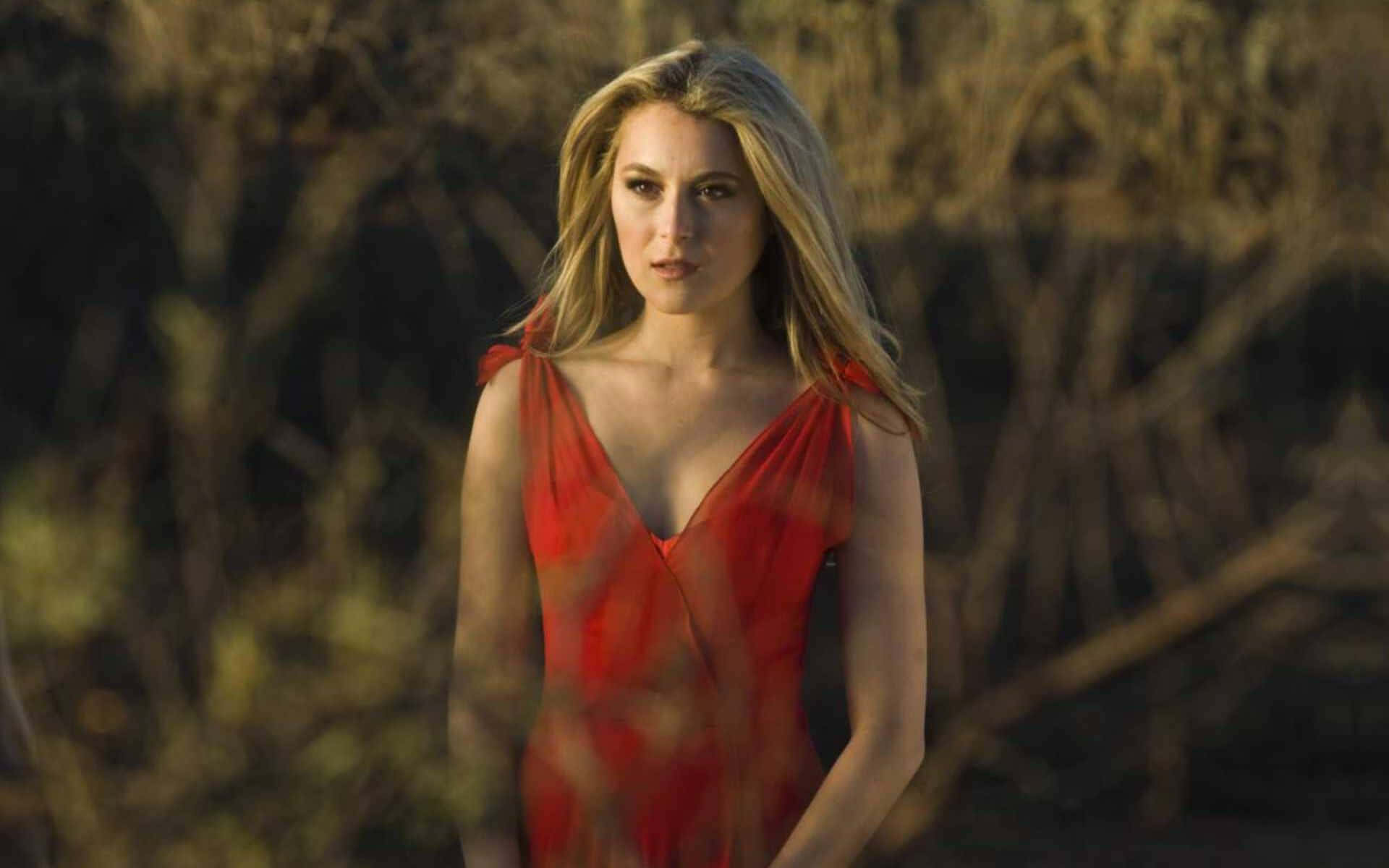 Alexa PenaVega, red dress, golden-brown brush, Full HD Desktop Wallpaper