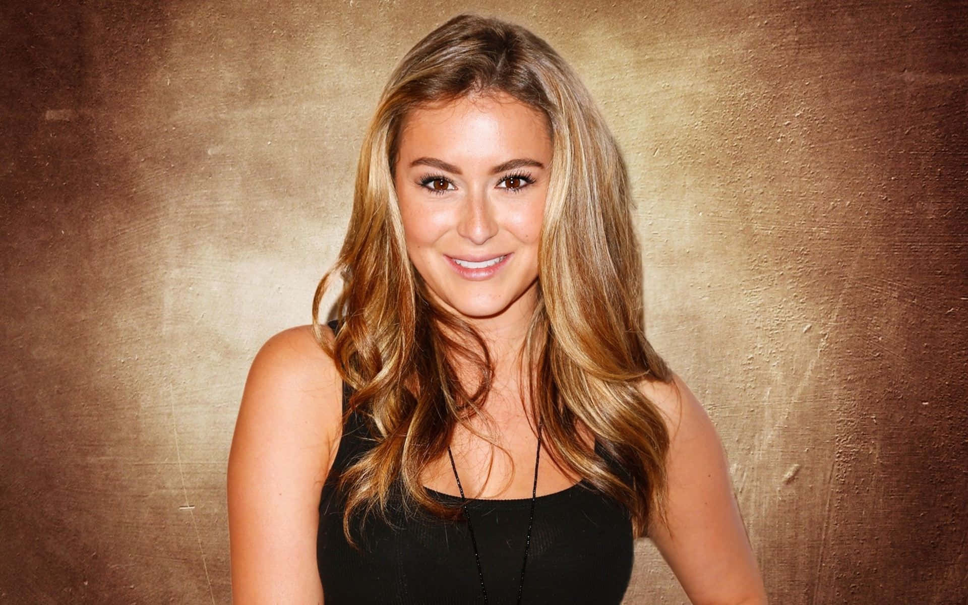 Alexa PenaVega, black top, textured gold background, Full HD Desktop Wallpaper