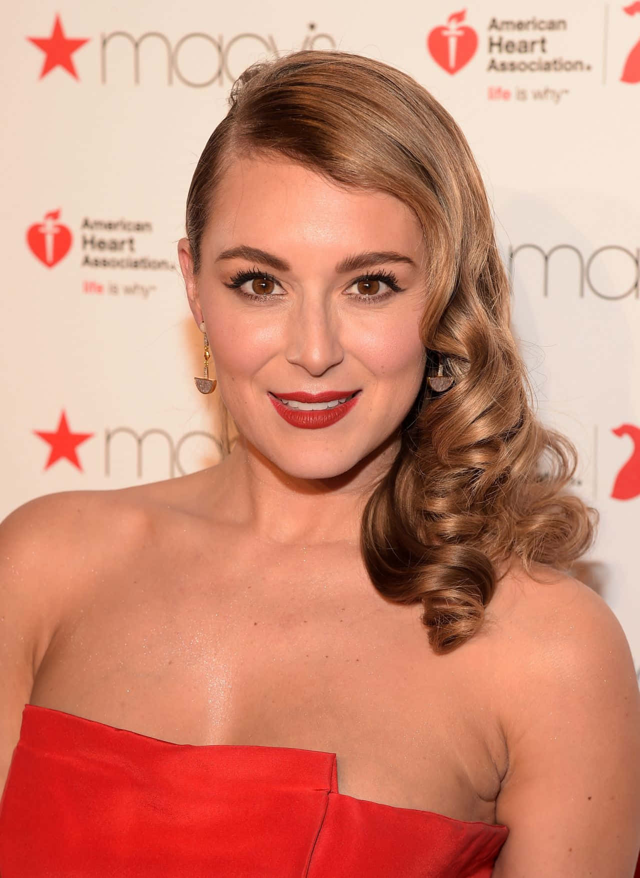 Alexa PenaVega, strapless red dress, red lipstick, HD Phone Wallpaper