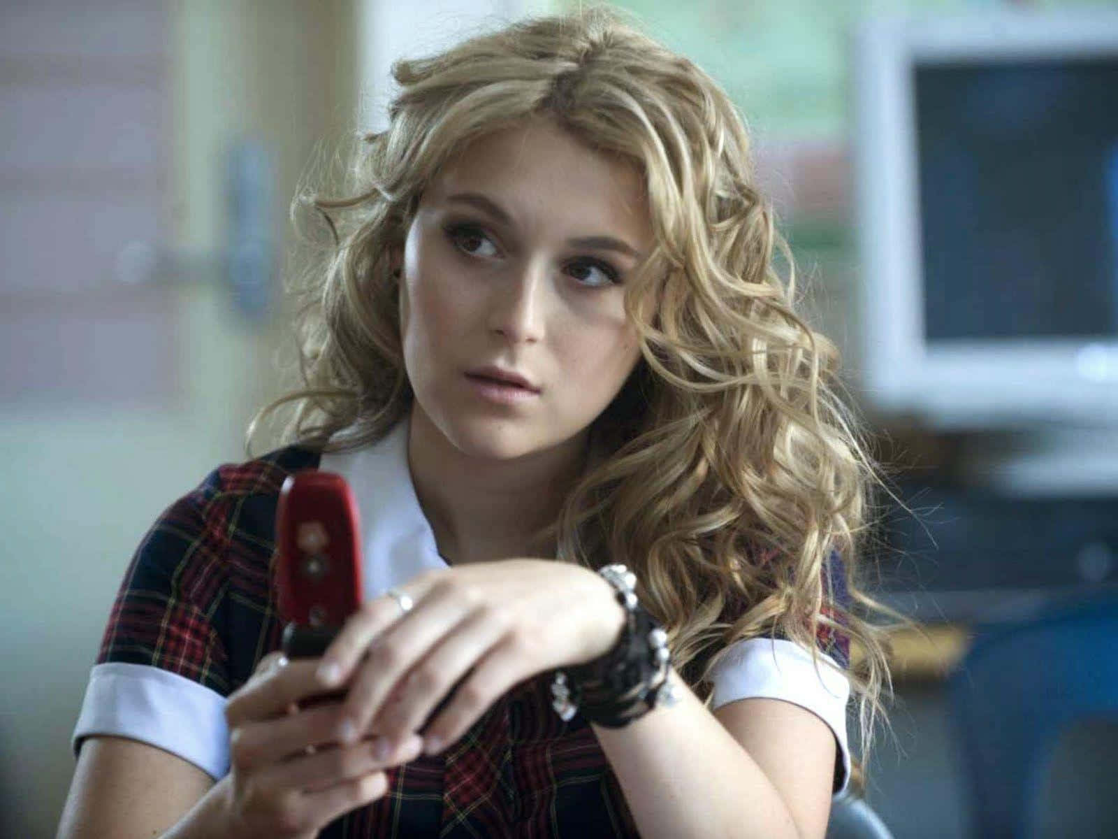 Alexa PenaVega, curly blonde hair, red flip phone, HD Desktop Wallpaper