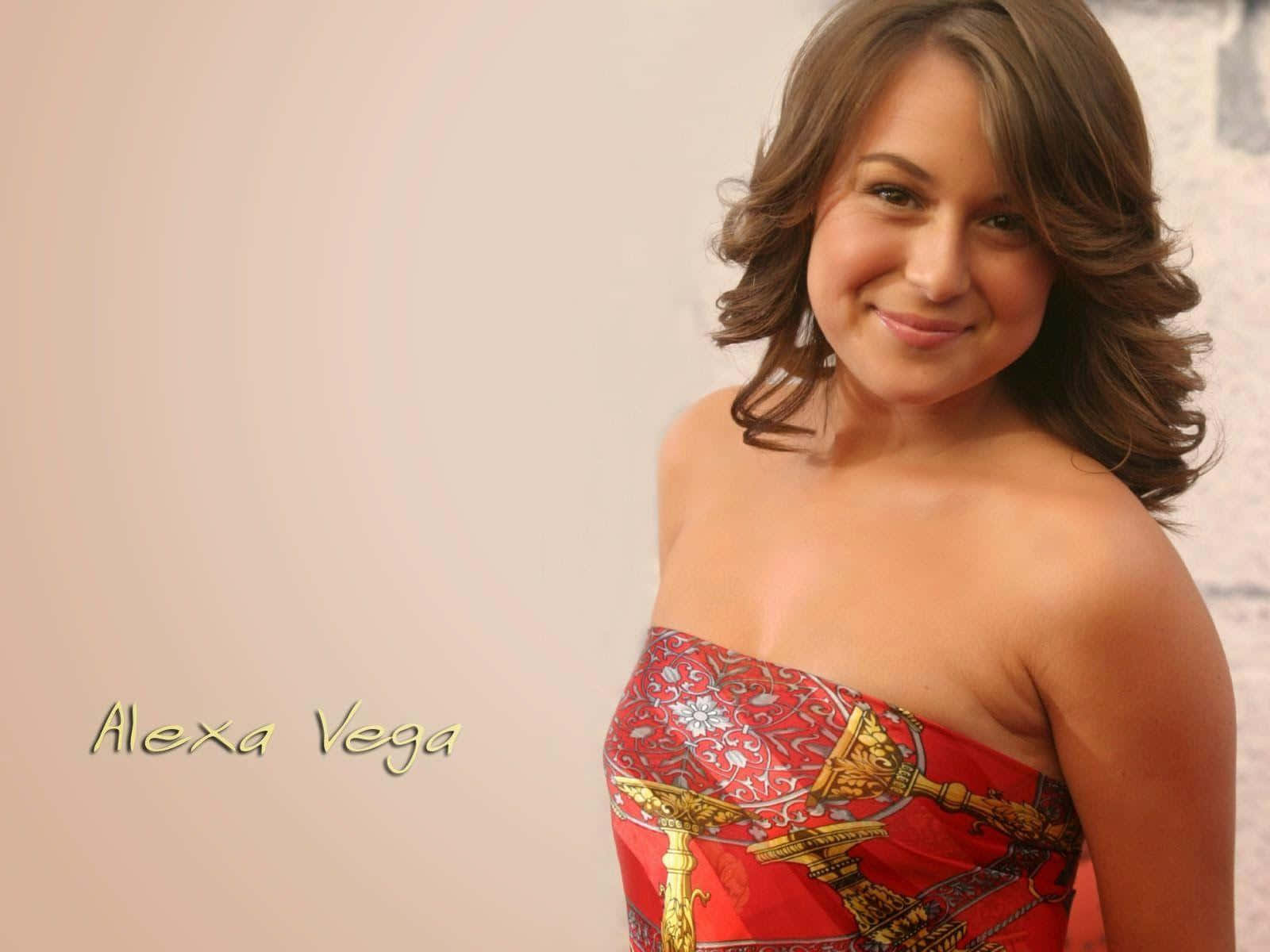 Alexa PenaVega, vibrant red patterned strapless dress, soft beige background, HD Desktop Wallpaper