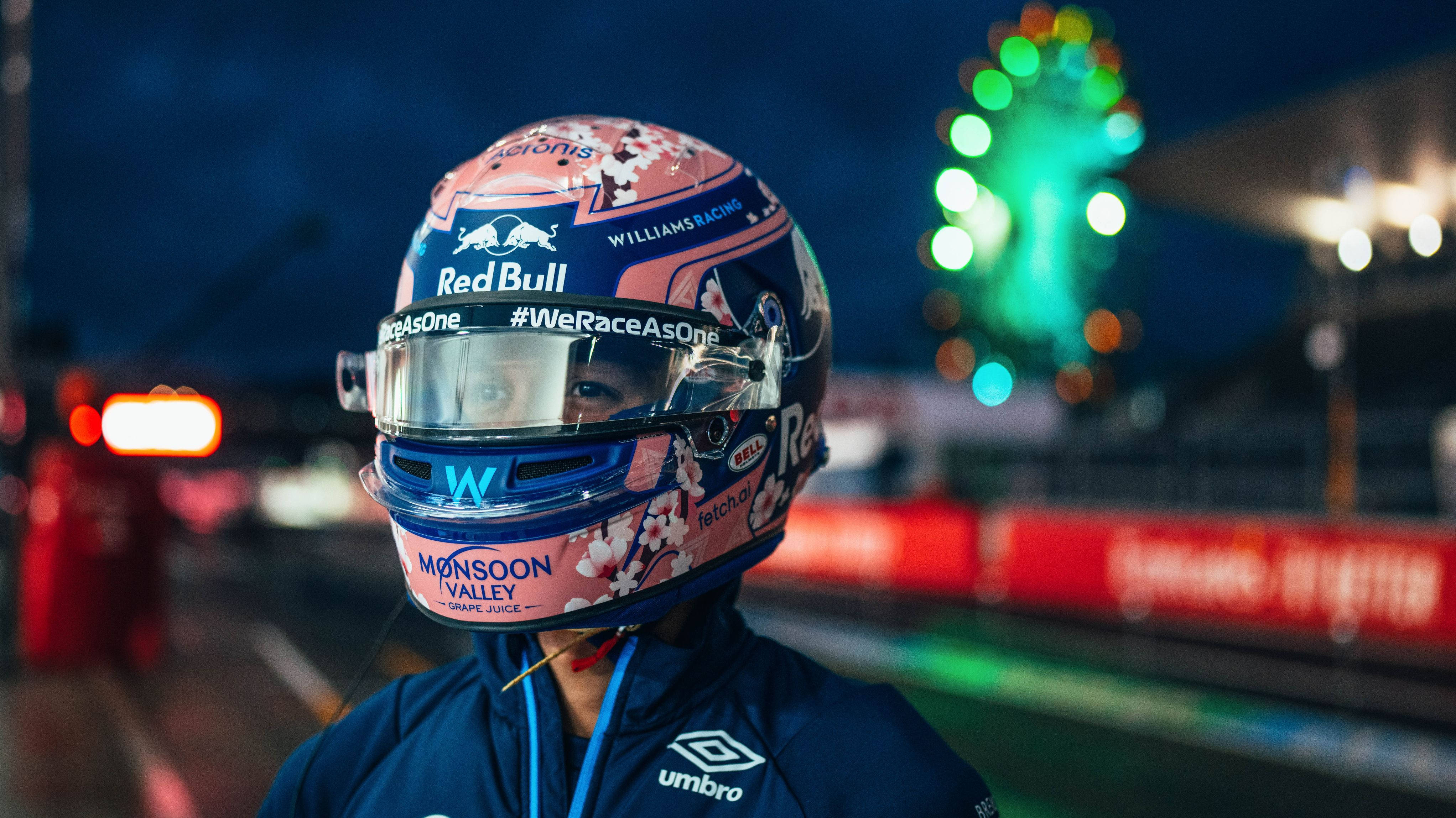 Alexander Albon, floral helmet, night, 4K Desktop Wallpaper
