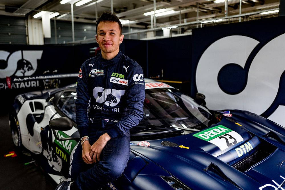 Alexander Albon, blue team jacket, sleek blue and white DTM race car, SD Desktop Wallpaper