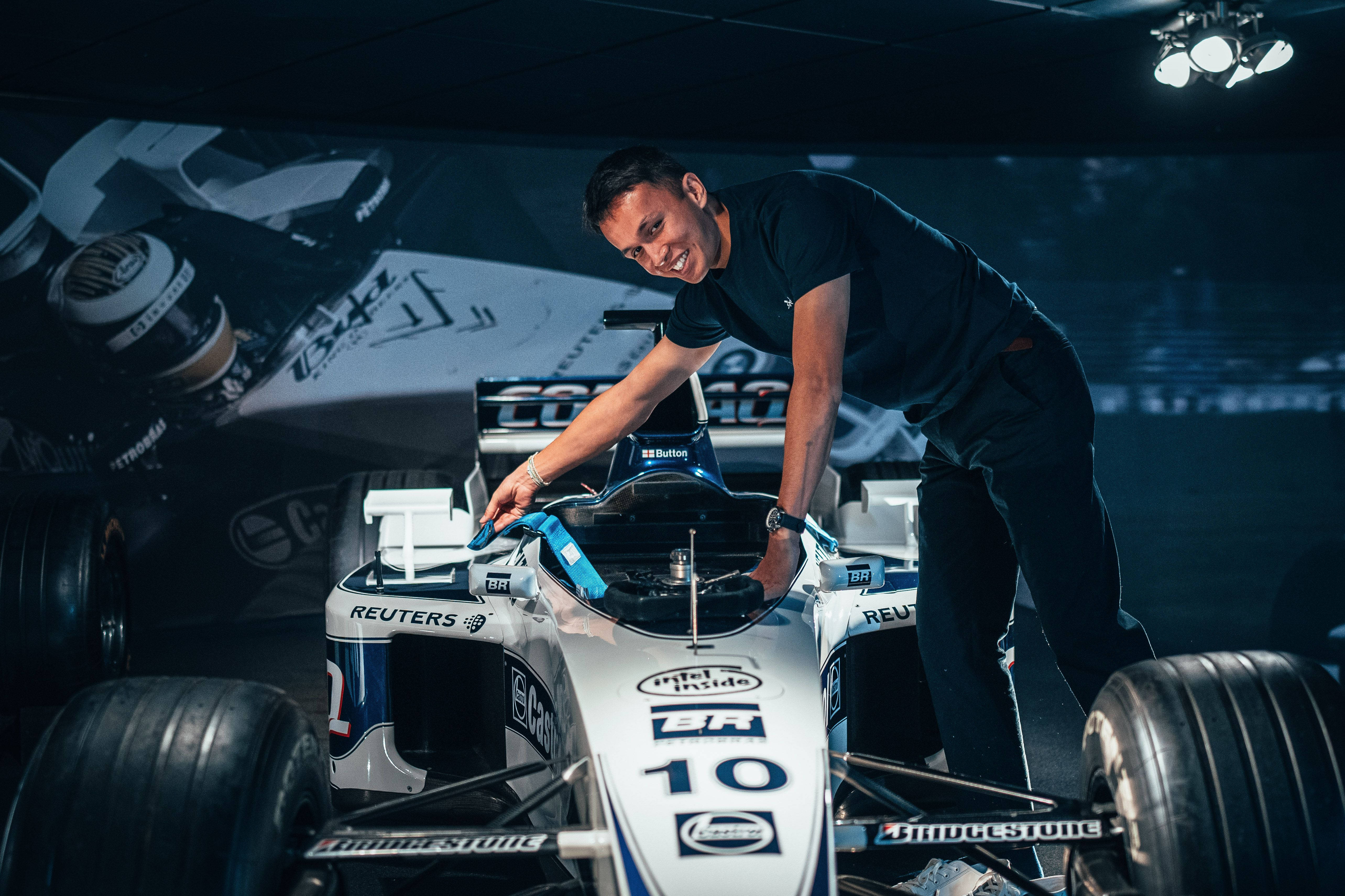 Alexander Albon, white and blue Formula 1 race car, sponsor logos, 5K Desktop Wallpaper