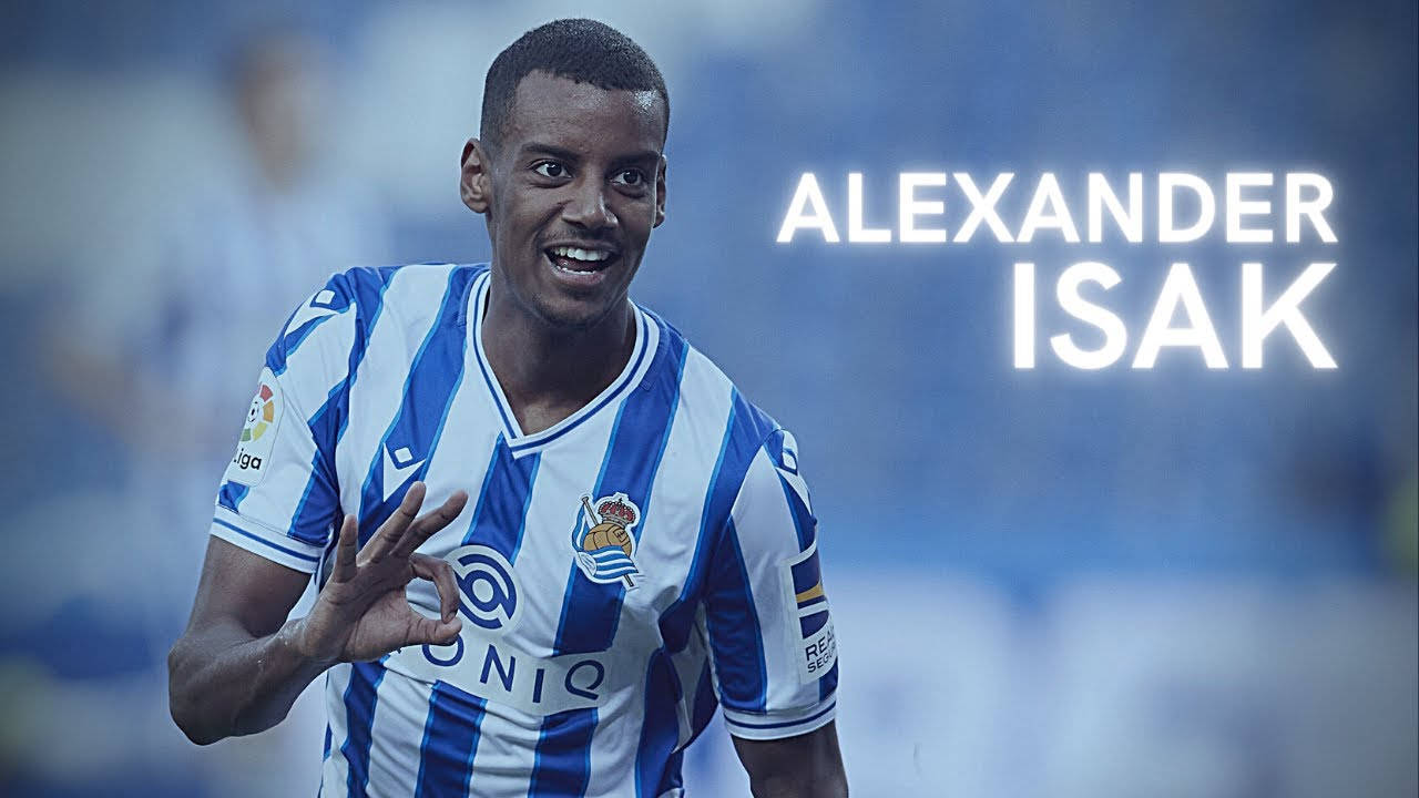 Alexander Isak, blue and white striped jersey, blurred stadium background, HD Desktop Wallpaper