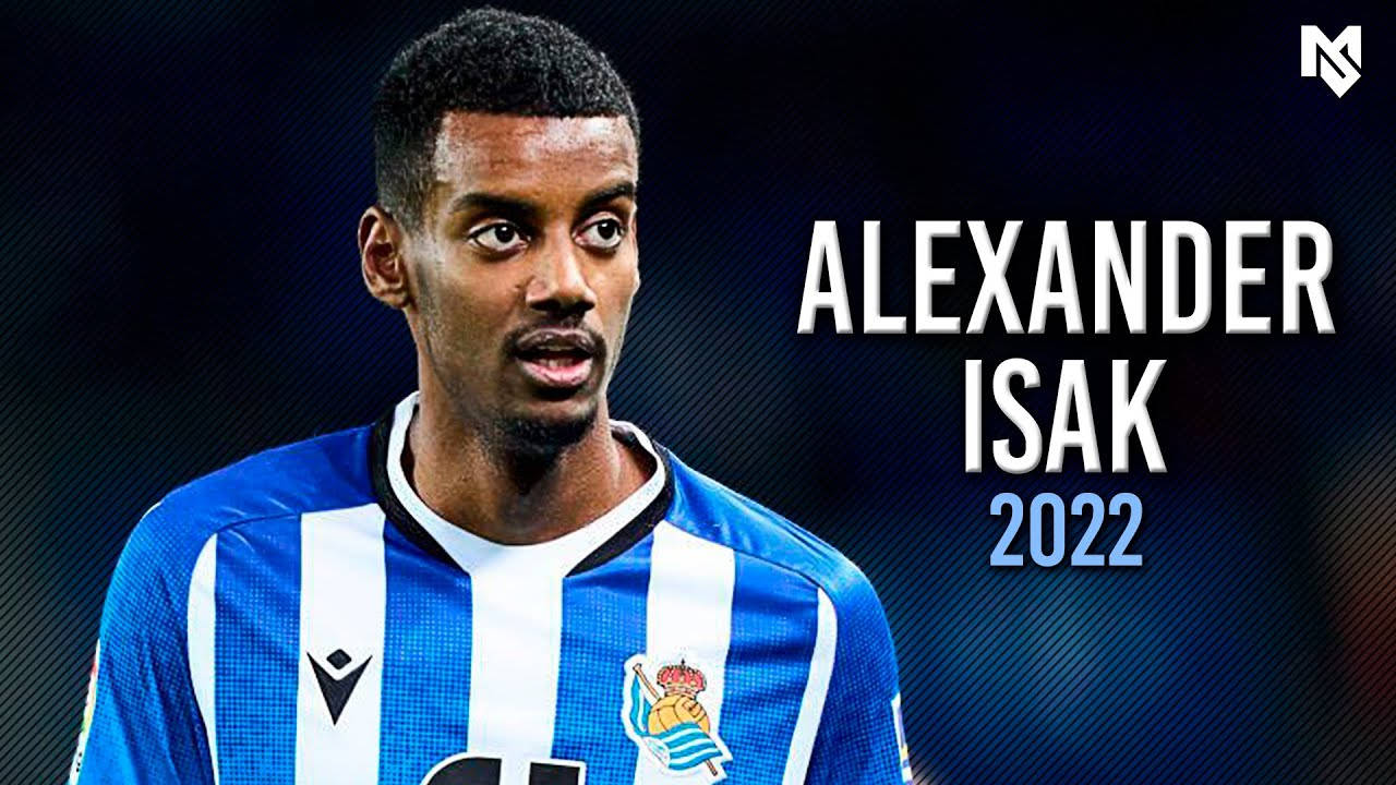 Alexander Isak, blue and white striped 2022 jersey, dark textured background, HD Desktop Wallpaper