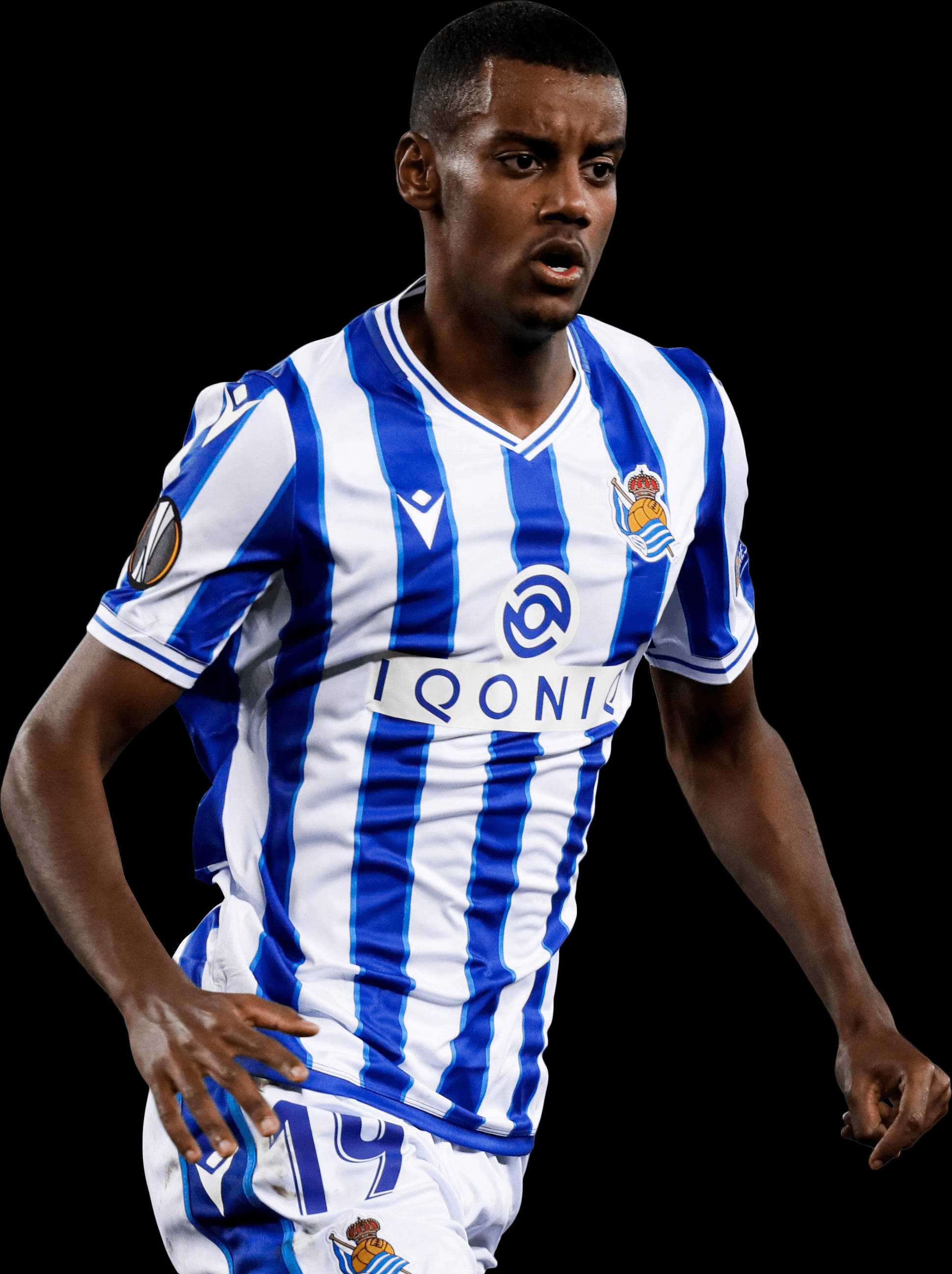 Alexander Isak, blue and white striped jersey, black background, 2K Phone Wallpaper