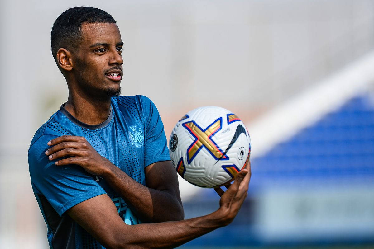 Alexander Isak, blue training jersey, colorful match ball, SD Desktop Wallpaper
