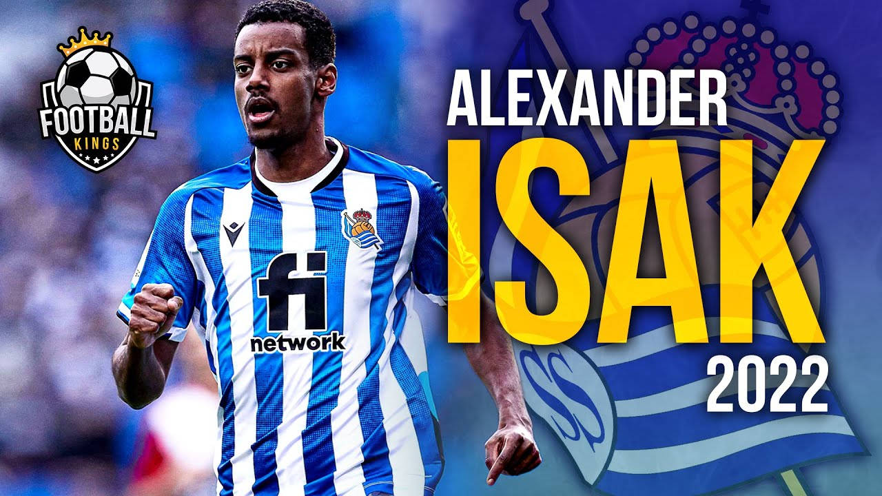 Alexander Isak, blue and white striped jersey, vibrant graphic background, HD Desktop Wallpaper