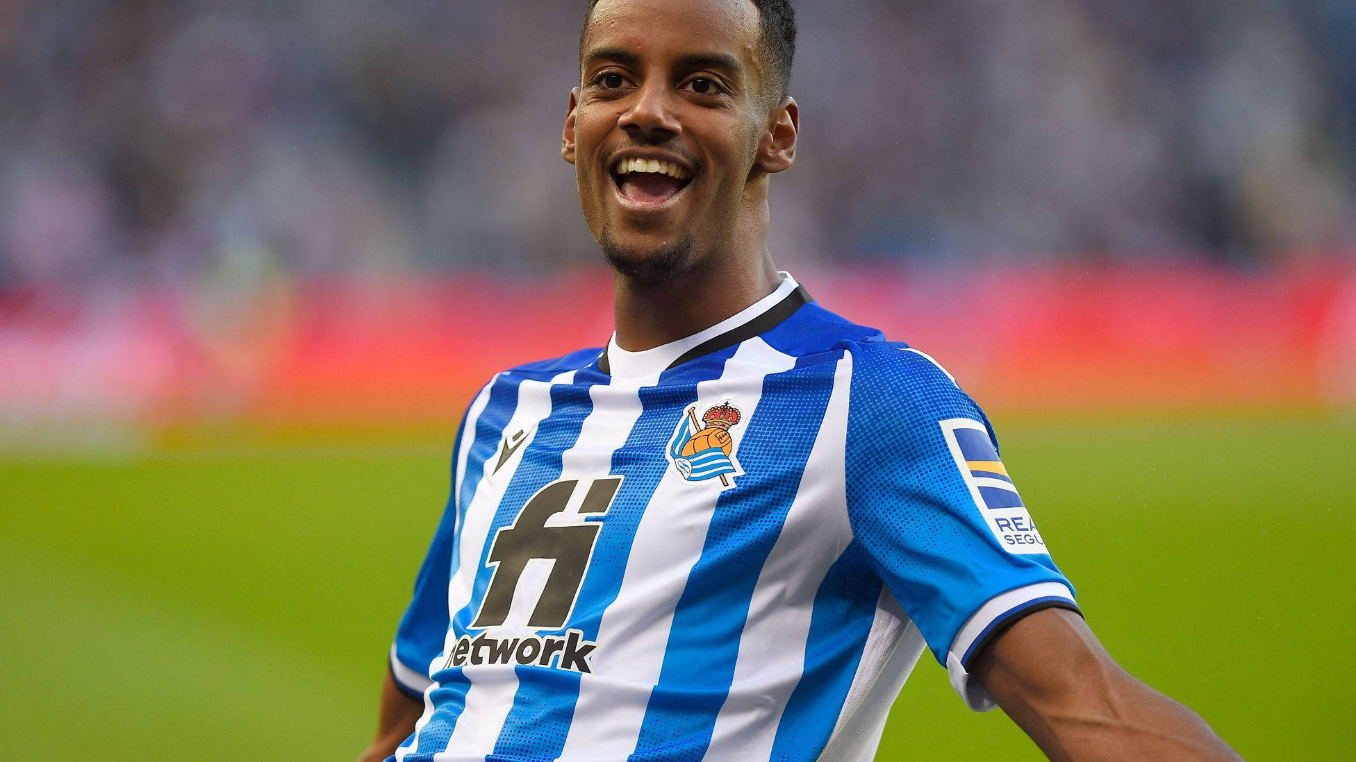 Alexander Isak, blue and white striped jersey, vibrant green pitch, Full HD Desktop Wallpaper