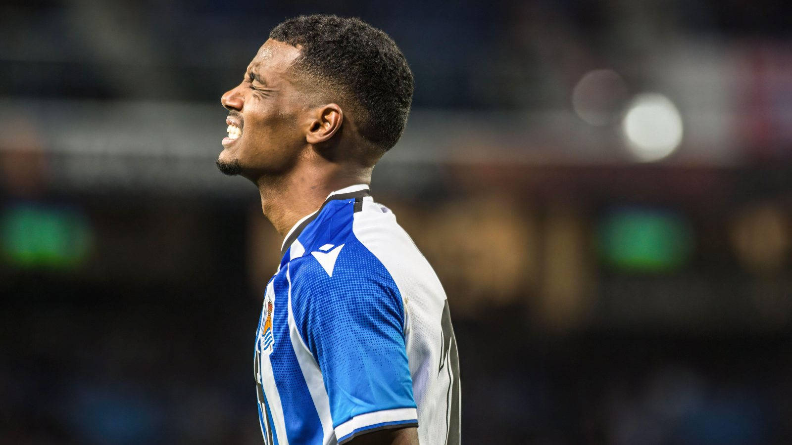 Alexander Isak, blue and white jersey, stadium lights, HD Desktop Wallpaper